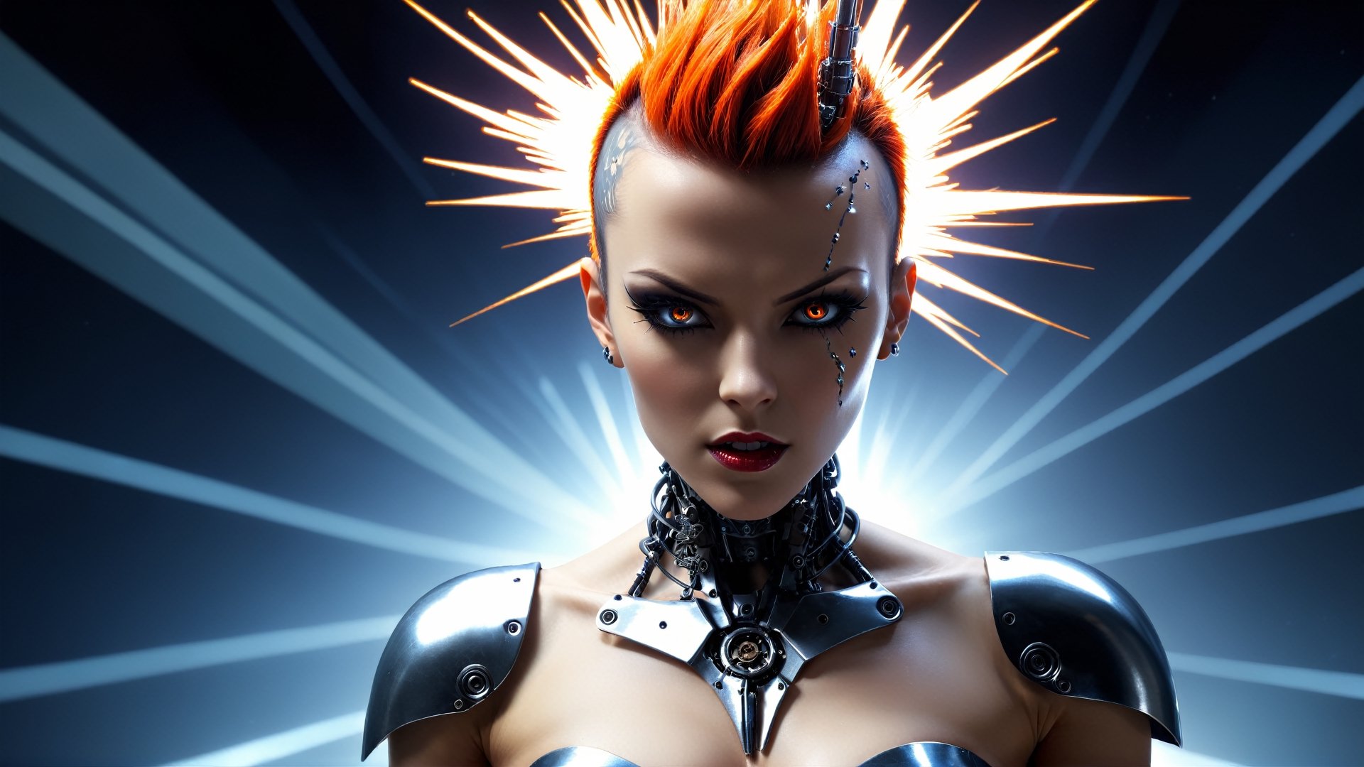 4k, masterpiece, space rays, exploding stars, bursting head, exploding head,  stainless steel exploding female gothic cyborg, metal skin, trendy gothic cyborg with mohawk, (trendwhore style:1.4), ((head of a gothic cyborg woman)), head and body, stainless steel head, mecha pieces, robot parts, shattered reality, ((bursting light rays), glowing light rays, exploding sparks, (2004 aesthetics:1.2),(beautiful vector shapes:1.3),  orange ink theme. sharp details. BREAK highest quality, detailed and intricate, original artwork, trendy, vector art, award-winning, artint, SFW, ,night city,DonMW15pXL,