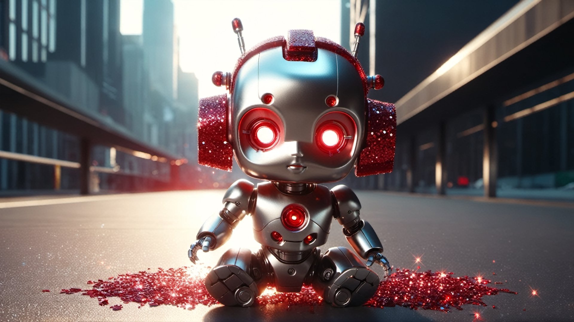 4k, masterpiece, (trendwhore style:1.4), ((abstract cyborg babies)), head and body, stainless steel head, mecha pieces, robot parts, shattered reality, ((bursting light rays),   red theme. cityscape background, artint, SFW, ,night city,DonMW15pXL,glitter,shiny