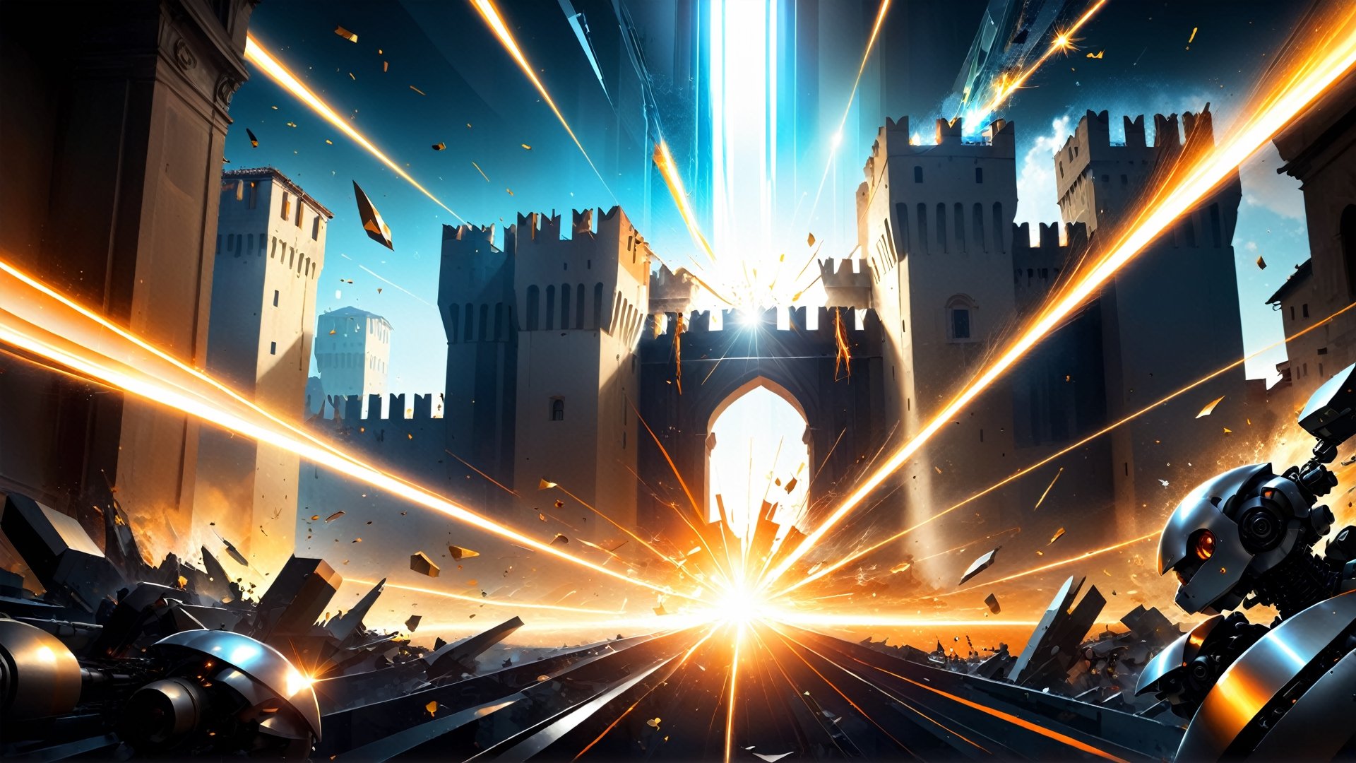 4k, masterpiece, Italian castle city, (trendwhore style:1.4), ((bursting abstract lightwaves)), abstract art explosion, abstract light rays, abstract mecha pieces, robot parts, shattered reality, ((bursting light rays),   orange theme. sharp details. BREAK highest quality, detailed and intricate, original artwork, trendy, vector art, award-winning, artint, SFW, ,night city,DonMW15pXL,itacstl