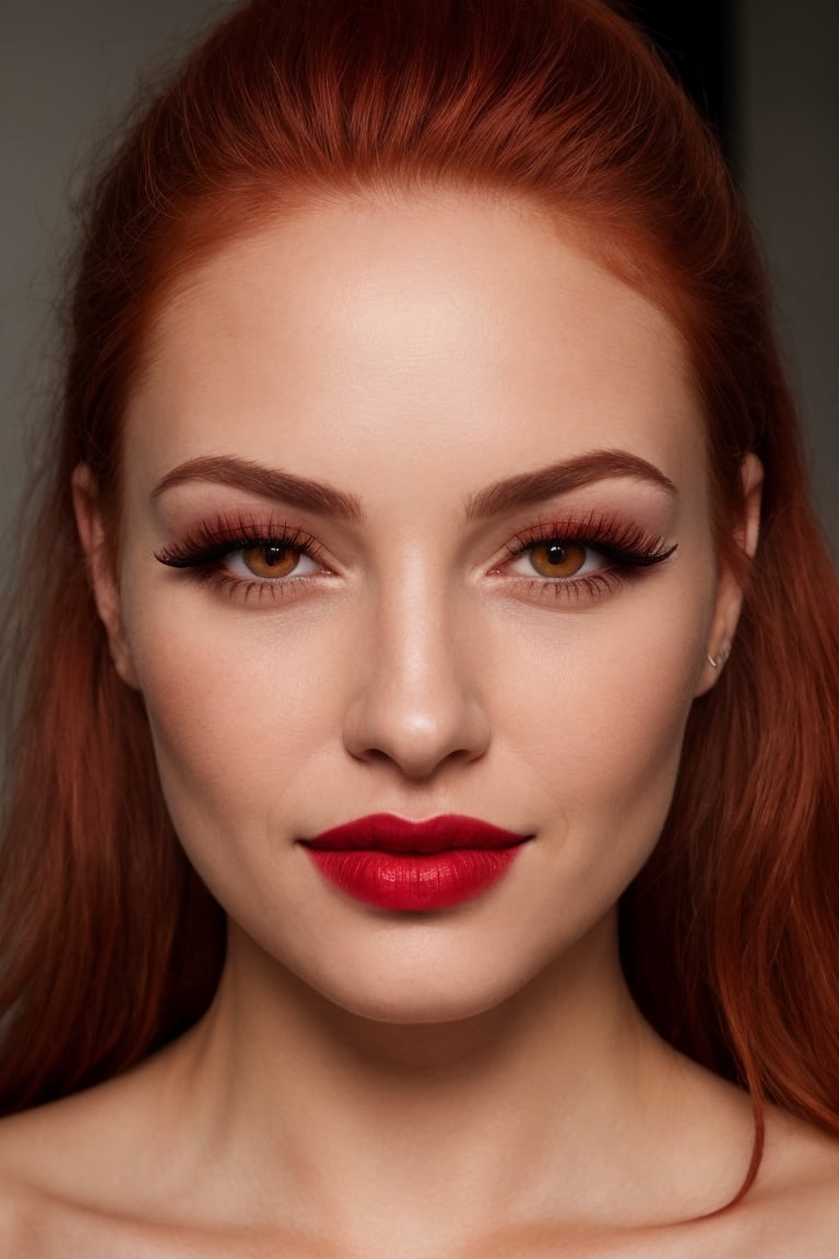 ((nsfw)), ((red hair, long flowing)), ((head to thigh shot)), ((20 years old)), young woman,portrait,raw photo,8k,realistic skin details,realistic hair details,makeup,eyeliner,lipstick,light red lips:1.0, eyeliner:0.9,wrinkles, fine lines, hyperpigmentation, pores, uneven skin tone, perfectly smooth skin, realistic skin texture, details, , hyperpigmentation, hair details,smile:0.3,realistic eyelashes, realistic eyebrows