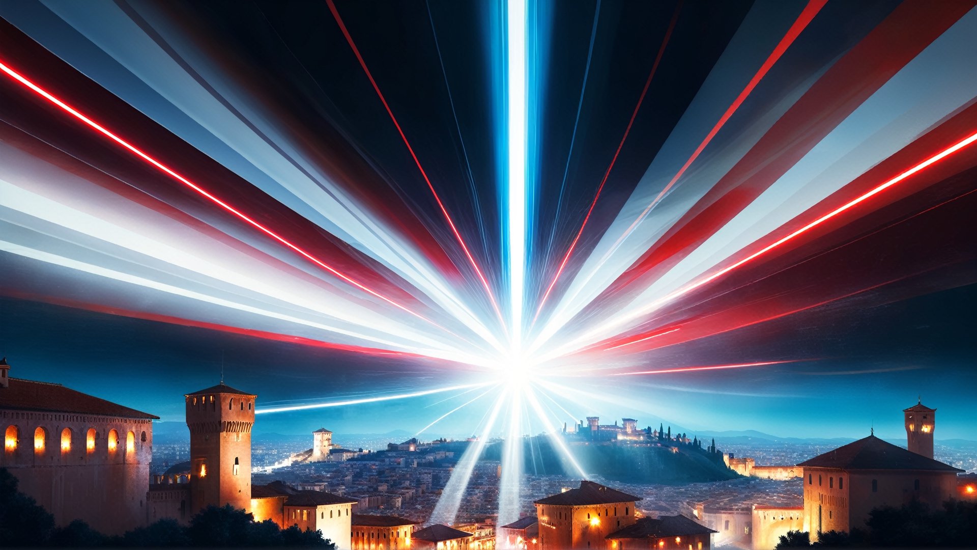 4k, masterpiece, Italian castle city, (trendwhore style:1.4), abstract art, abstract light rays, abstract  ((bursting light rays),   red theme. sharp details. BREAK highest quality, detailed and intricate, original artwork, trendy, vector art, award-winning, artint, SFW, ,night city,DonMW15pXL,itacstl