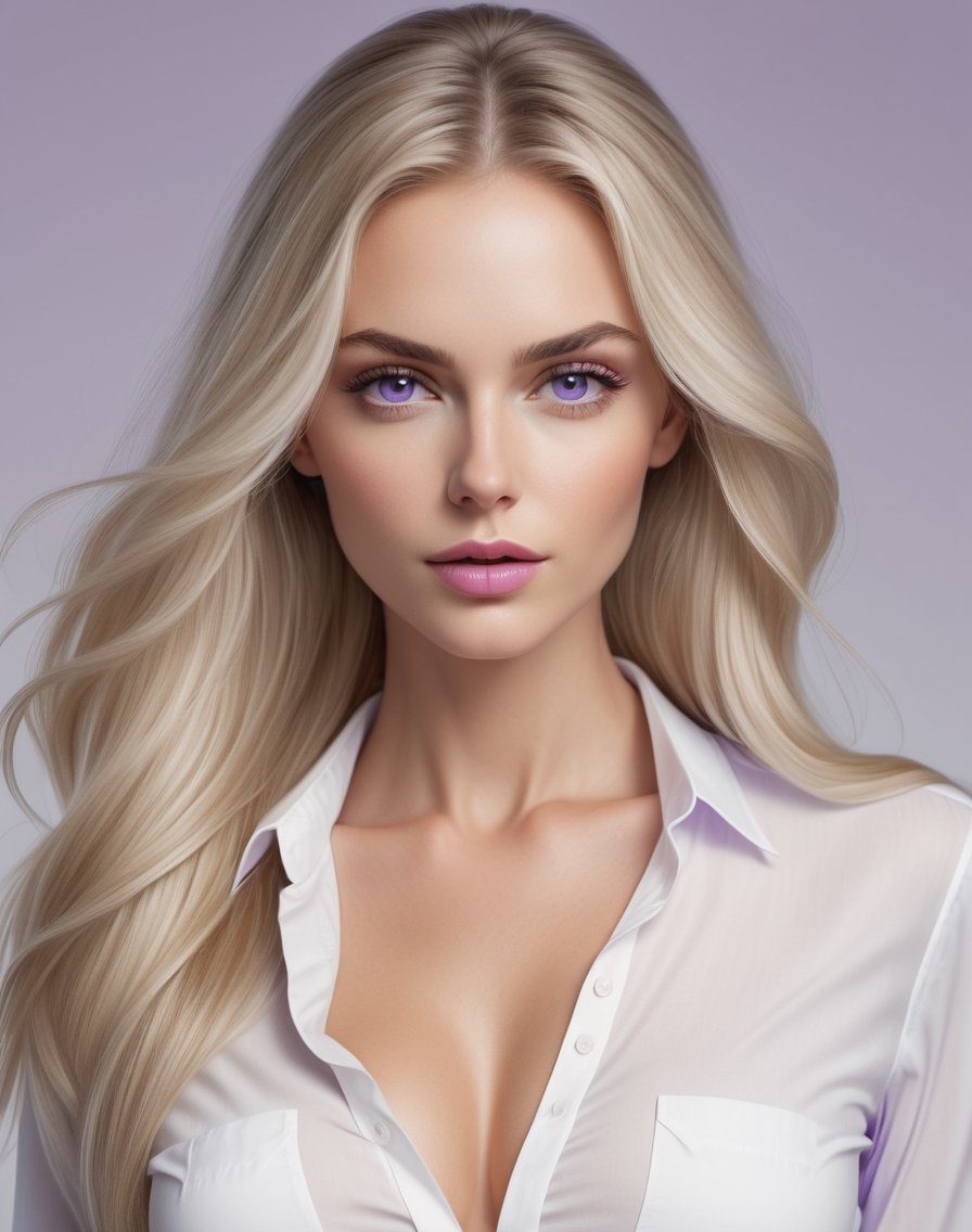 Photorealistic intricate 8k, centered, Masterpiece, slender, 30 years old, lavender eyes, a beautiful woman, wearing white shirt, white pants, facing viewer, huge breast, long straight blonde hair, light lavender lipstick, no background