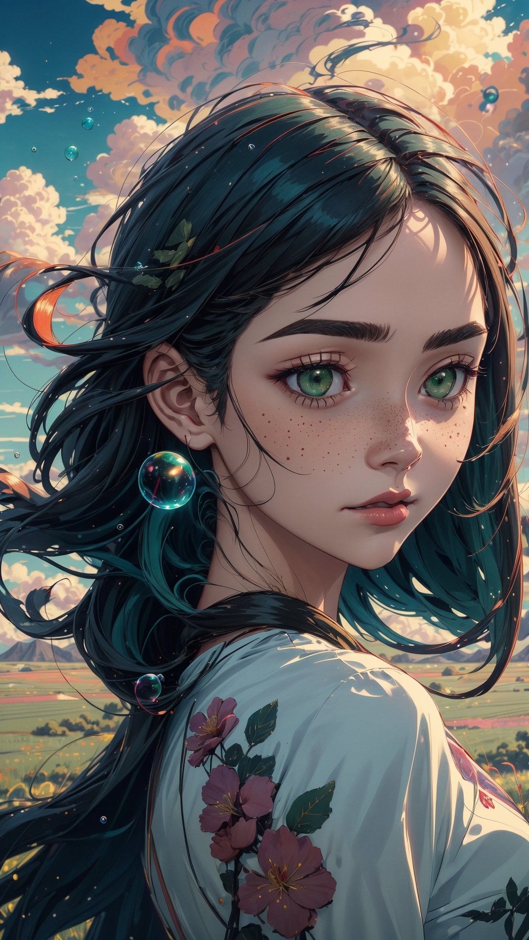 ((masterpiece)), (best quality), (cinematic), a woman in a long white dress, running through an open field, long hair, bangs, voloptuous, green eyes, freckles on her cheeks, wind, detailed face, detailed body, red and gray sky, glow, clouds, vegetation, green plains, floating bubbles, (cinematic, colorful), vast field, (extremely detailed), inspired by Studio Ghibli, EpicSky, cloud, sky, highly detailed, detailed face