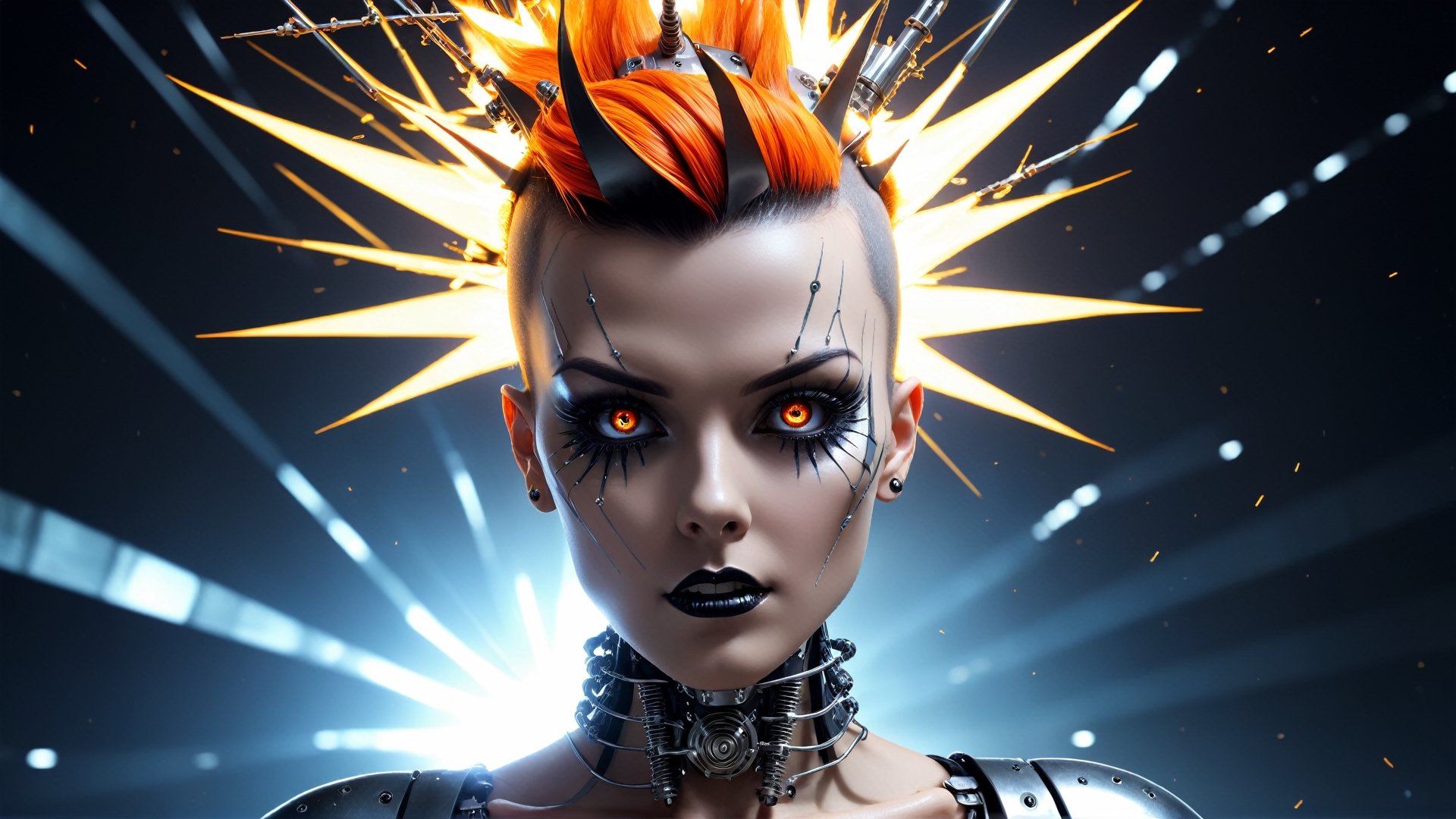 4k, masterpiece, space rays, exploding stars, bursting head, exploding head,  stainless steel exploding female gothic cyborg, metal skin, trendy gothic cyborg with mohawk, (trendwhore style:1.4), ((head of a gothic cyborg woman)), head and body, stainless steel head, mecha pieces, robot parts, shattered reality, ((bursting light rays), glowing light rays, exploding sparks, (2004 aesthetics:1.2),(beautiful vector shapes:1.3),  orange ink theme. sharp details. BREAK highest quality, detailed and intricate, original artwork, trendy, vector art, award-winning, artint, SFW, ,night city,DonMW15pXL,