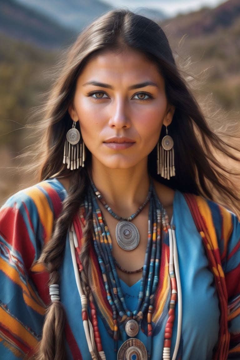 beautiful cherokee woman with the wind blowing her hair, intricate native american ethnic clothing, 8k, flawless masterpiece, airbrushed, hyperdetailed face, hyperdetailed eyes, 