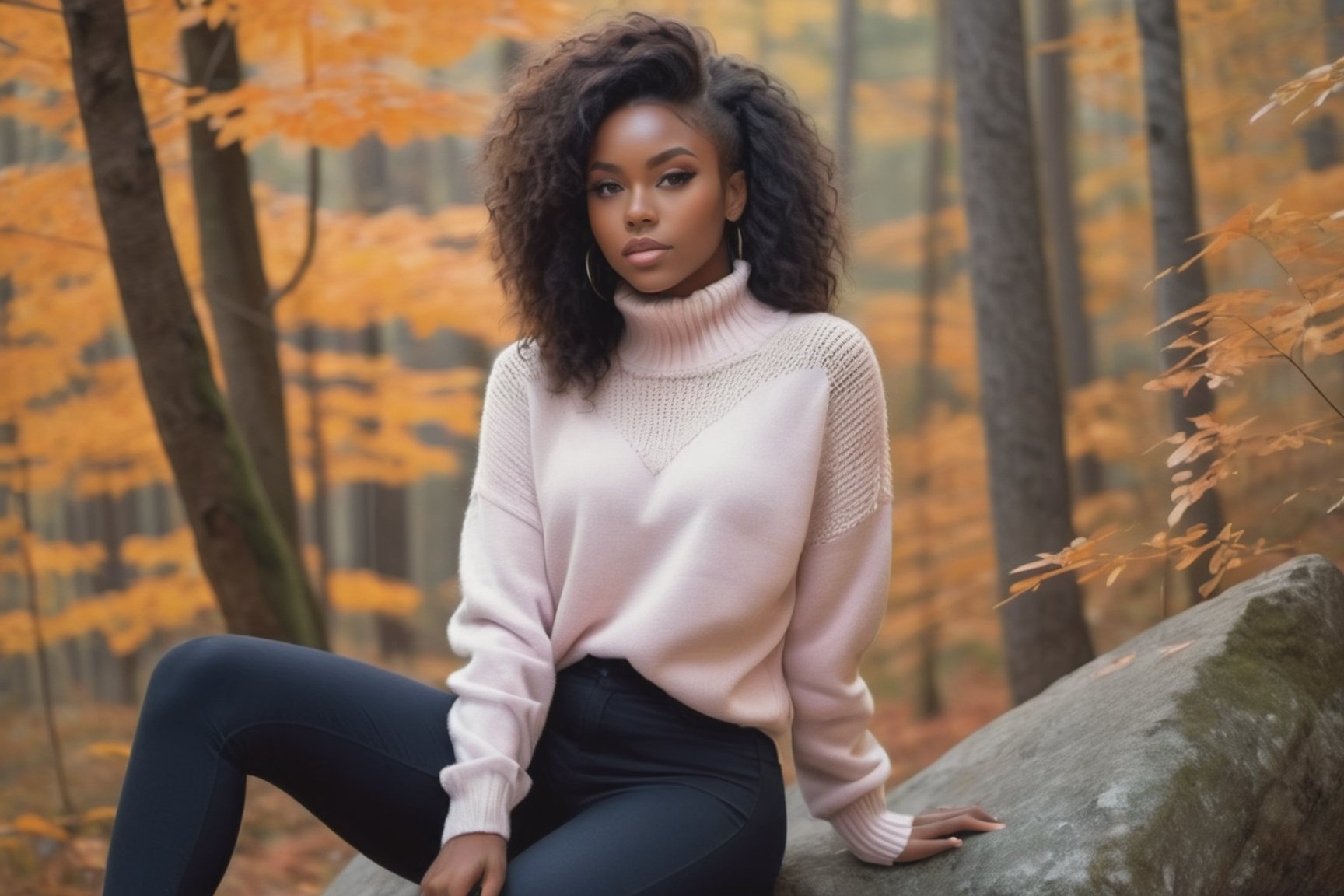 Create a photo realistic black girl sitting on large rock in autumn forest, chocolate short bobcat hairstyle, straight hair, dark blue eyes, light pink lips, big breasts, dark make up, dimples , ((wearing tight cozy sweater)) , and tight pants, warm gaze. ((tight white sweater))