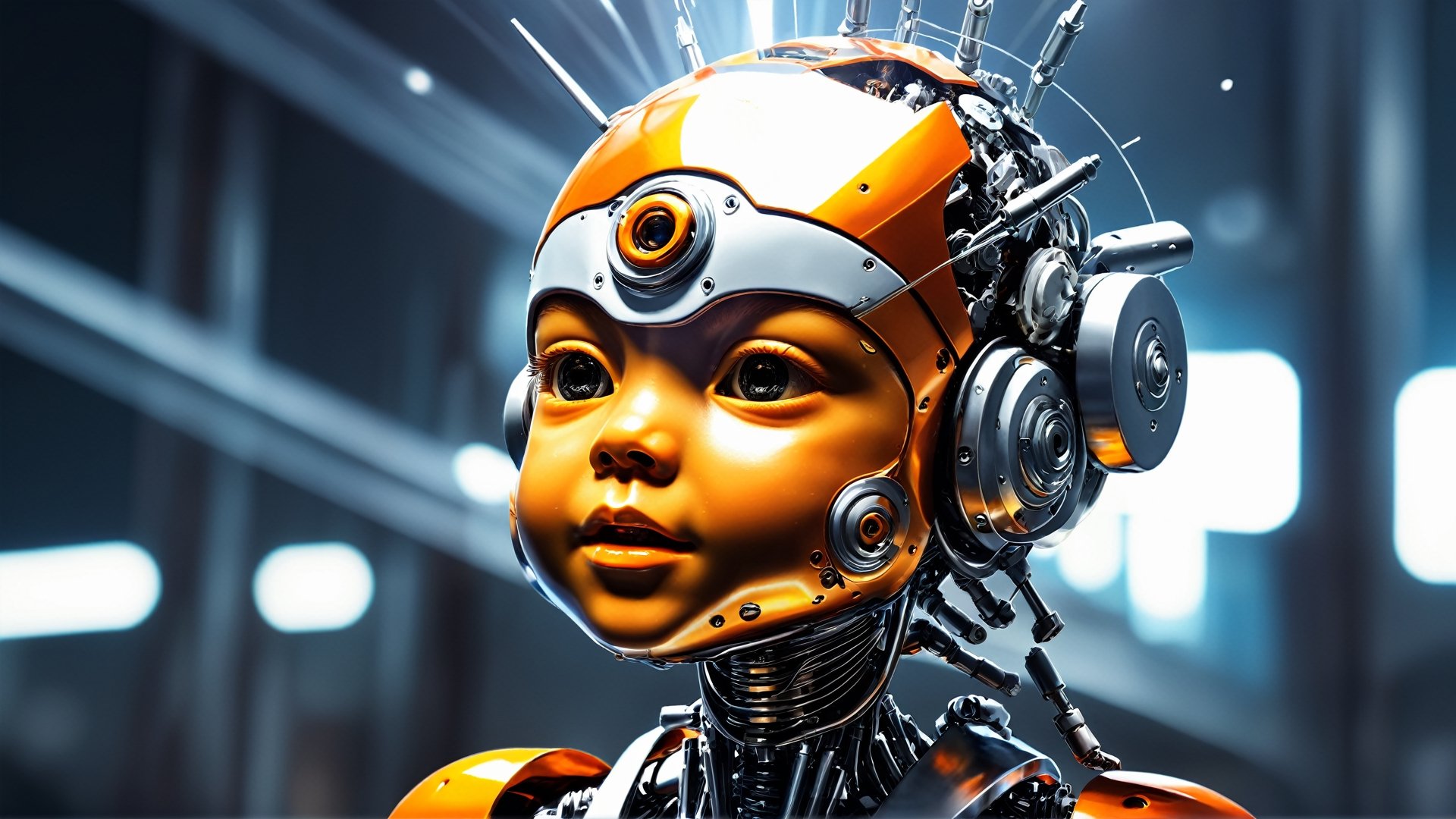 4k, masterpiece, (trendwhore style:1.4), ((head of a abstract cyborg baby)), head and body, stainless steel head, mecha pieces, robot parts, shattered reality, ((bursting light rays),   orange theme. sharp details. BREAK highest quality, detailed and intricate, original artwork, trendy, vector art, award-winning, artint, SFW, ,night city,DonMW15pXL