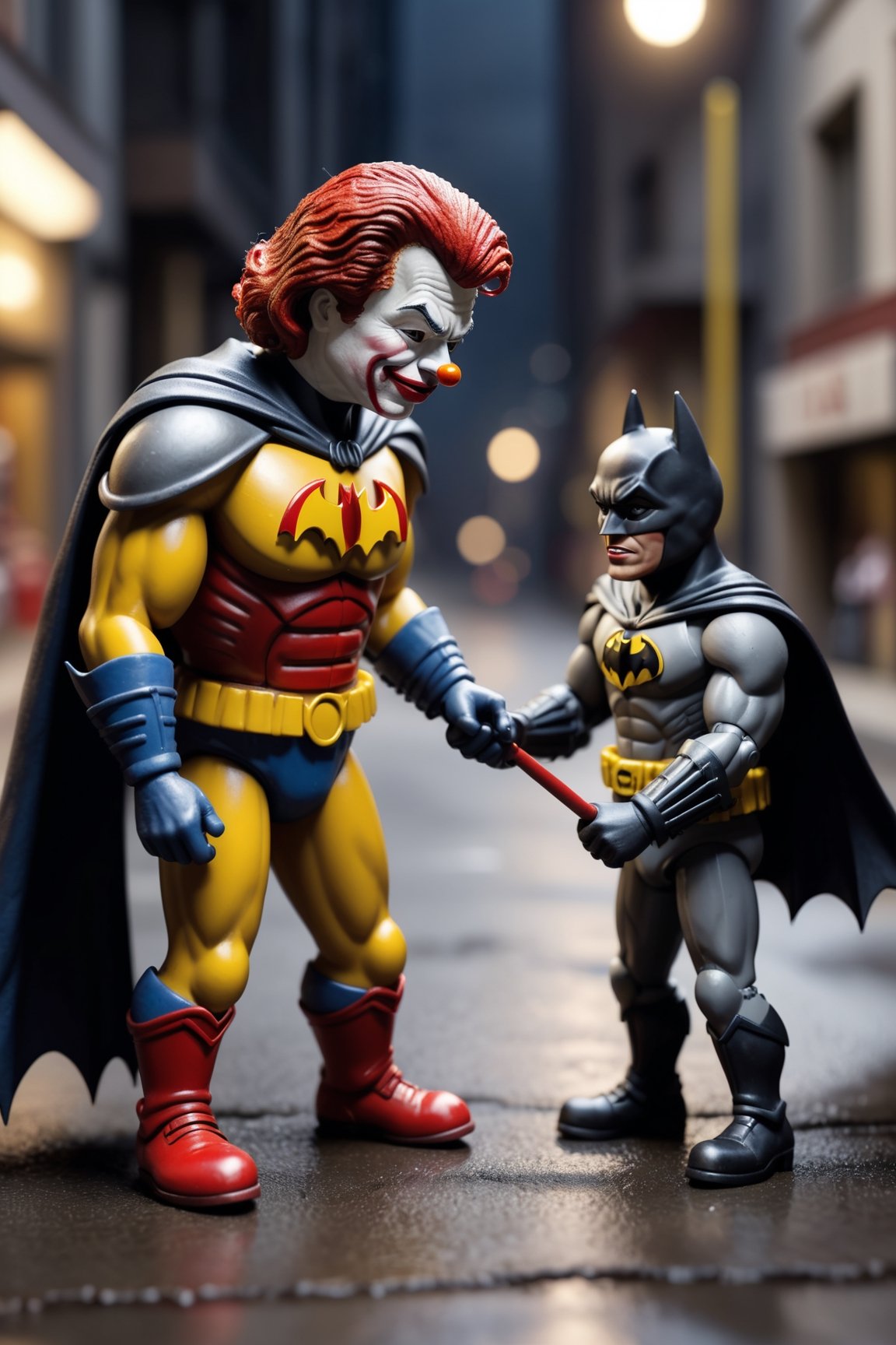 Stopmotion, tilt-shift of Batman afraid of Ronald McDonald, Ronald McDonald is beating Batman with an iron pipe