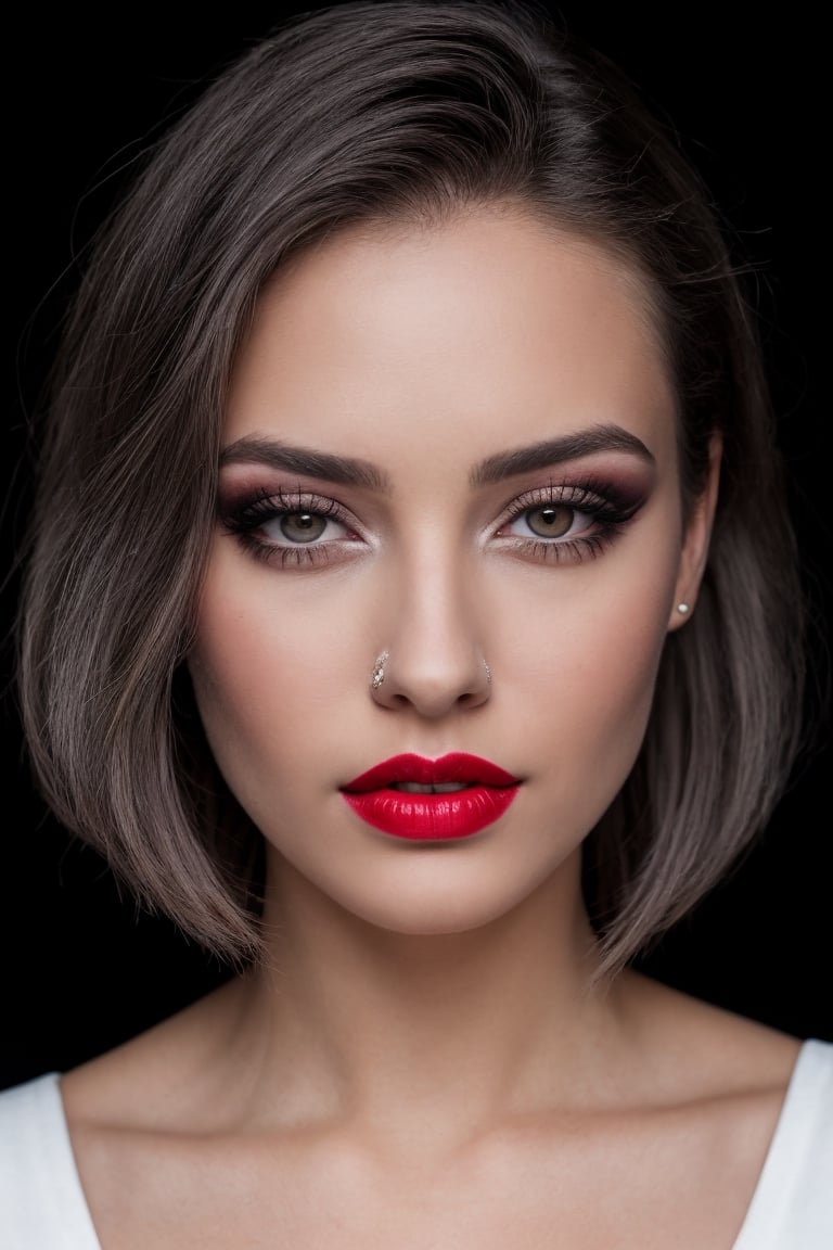 1girl,black background,forehead,grey eyes,lips,long hair,looking at viewer,makeup,mole,nose,portrait,realistic,red lips,Raw photo,8k,realistic skin details,realistic hair details,perfect skin,8k uhd,dslr,high quality,
