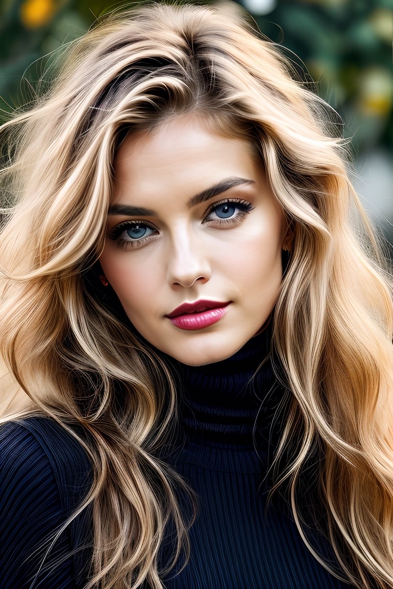 create a beautiful woman, long blonde hair, blue eyes, soft red lips, hourglass body, medium natural breast, she is looking at camera with sultry smile, exciting, beauty, age 30, model,photo of perfecteyes eyes,leonardo, wearing black turtleneck sweater, long hair, perfect body, beautful face, perfect hair 