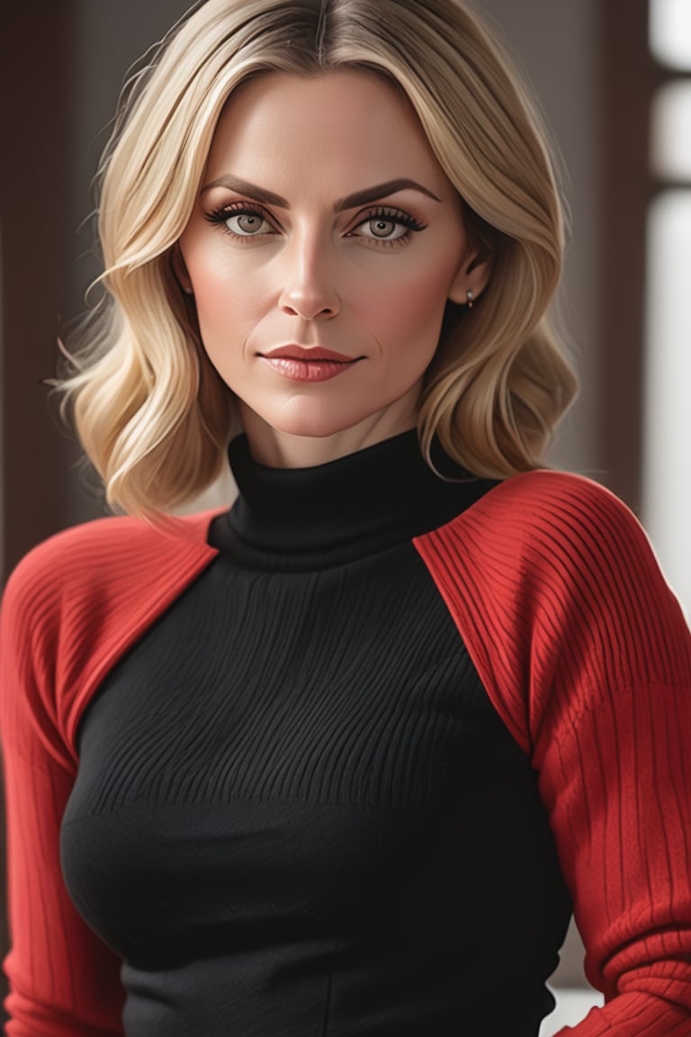 beautiful 40 year old irish woman, pointed nose, lovely perfect body shape, blonde hair, very detailed, amazing quality, (((tight red sweater, black cotton skirt, long black skirt))), no jewelry, luxury home foyer, head to thigh view, wide hips, wide hips, thigh gap, nice ass, cinematic light, highly detail, beautiful, surreal, dramatic, perfect hands, 4k, sharp focus on eyes and skin, hyper detailed realistic,MeimeiSDXL