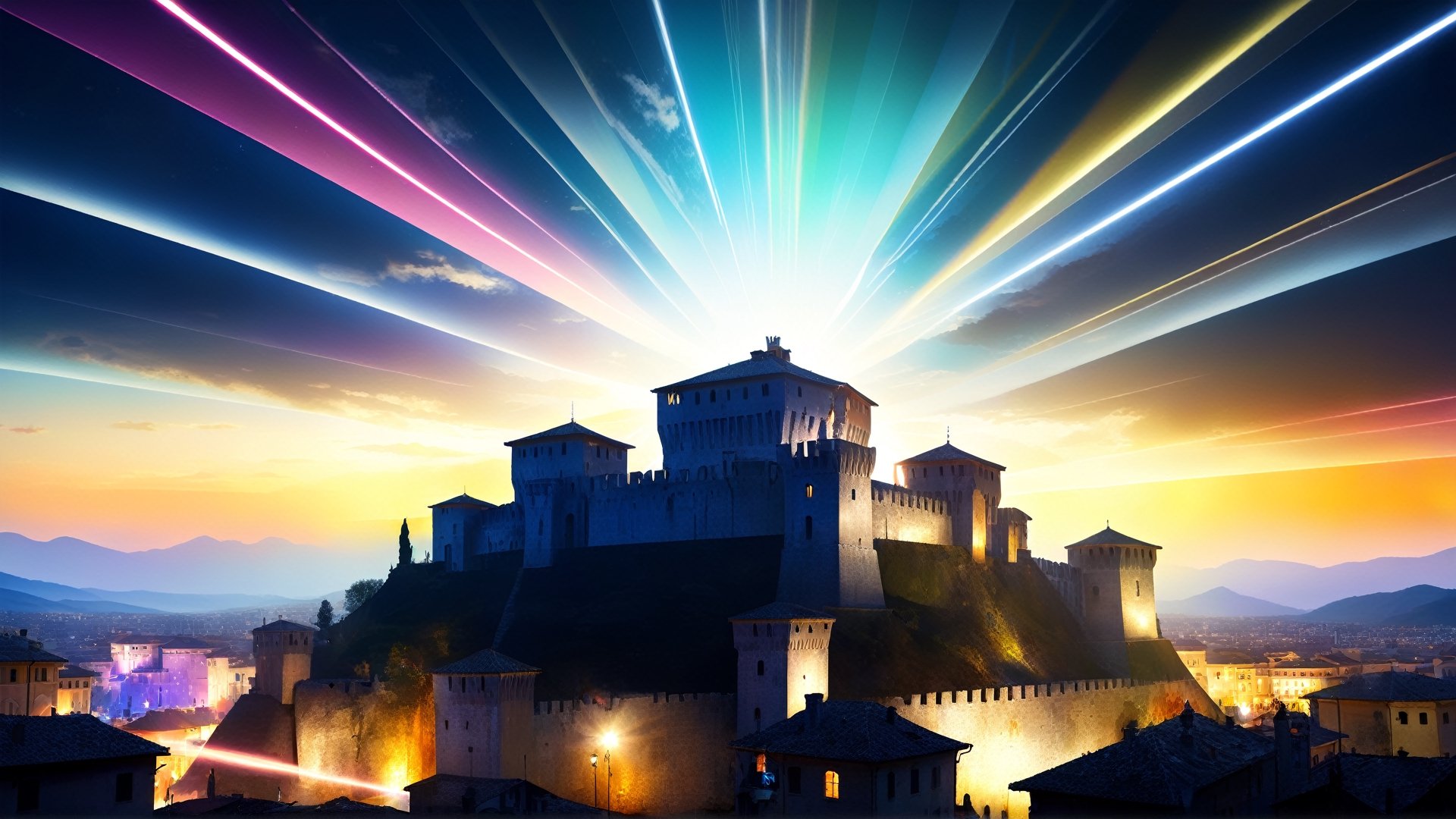 4k, masterpiece, Italian castle city, (trendwhore style:1.4), abstract art, abstract light rays, abstract  ((bursting light rays),   pastel theme. sharp details. BREAK highest quality, detailed and intricate, original artwork, trendy, vector art, award-winning, artint, SFW, ,night city,DonMW15pXL,itacstl