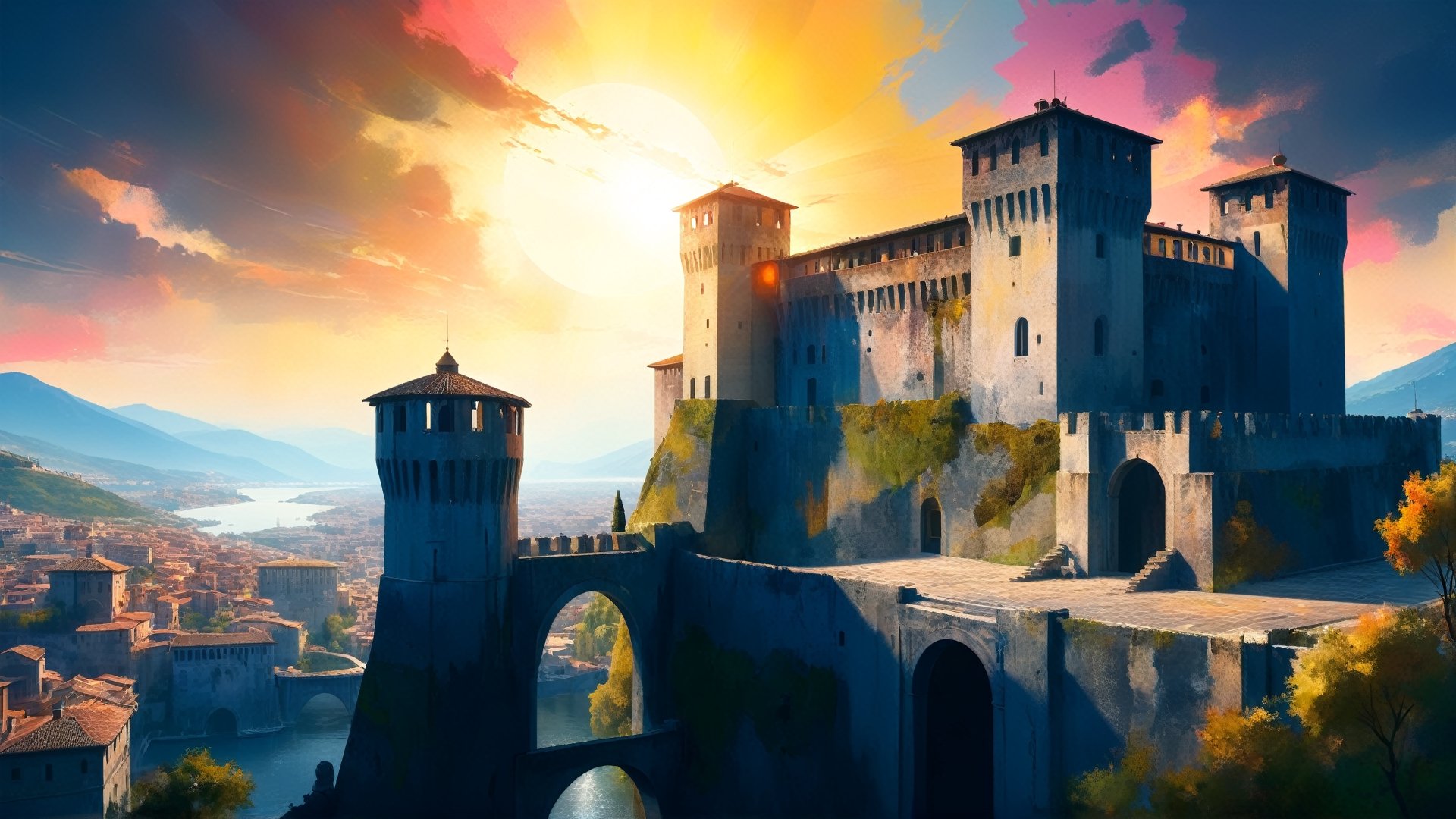 4k, masterpiece, Italian castle city, (trendwhore style:1.4), abstract art, abstract sunlight, abstract   pastel theme. sharp details. BREAK highest quality, detailed and intricate, original artwork, trendy, vector art, award-winning, artint, SFW, ,night city,DonMW15pXL,itacstl