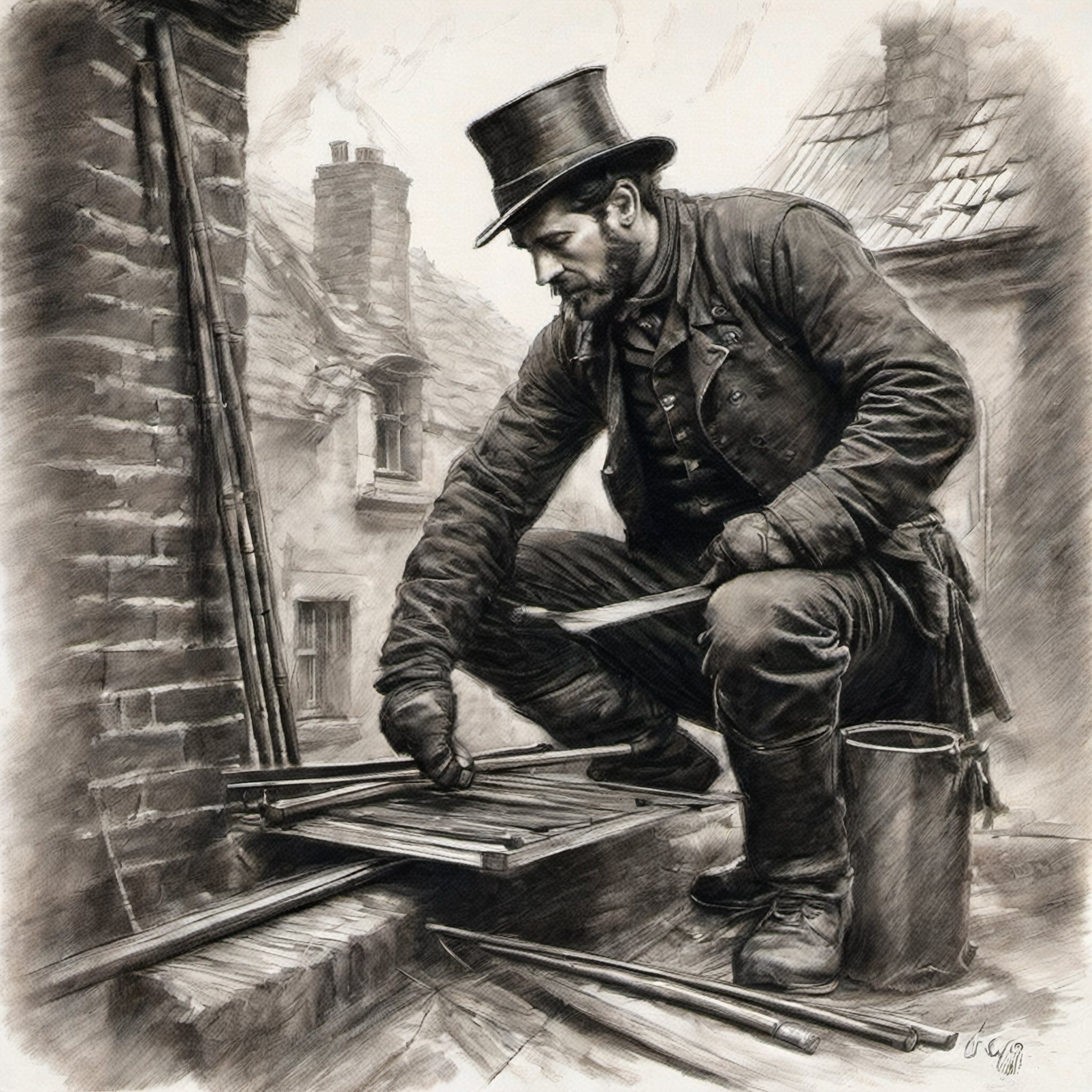 Intricate action film, portrait of a chimney sweep, working on roof, tools, rods and brushes, ladder, top hat and tails, in motion, cinematography, raw photography, pencil, oil paint,
Grzegorz Rosiński, Gabriele Dell'otto, pencil sketch,pencil sketch