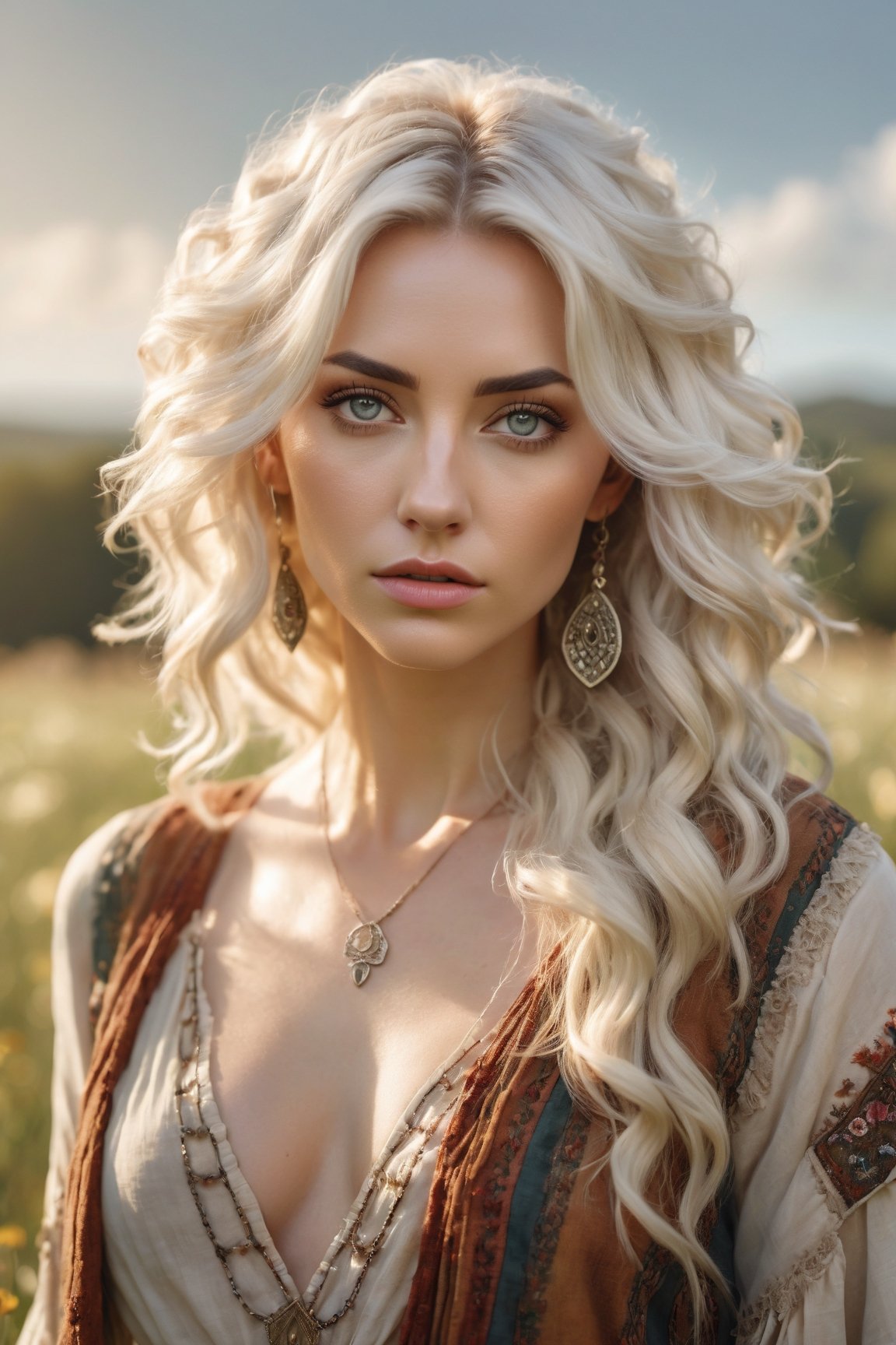 Generate hyper realistic image of a stunning woman with platinum blonde hair cascading down her shoulders, styled in loose curls, donning a bohemian-inspired outfit. The sharp focus captures the hazel tones in her eyes as she poses against a sunlit meadow. highly detailed, sharp focus.8k,photography style,upper body shot