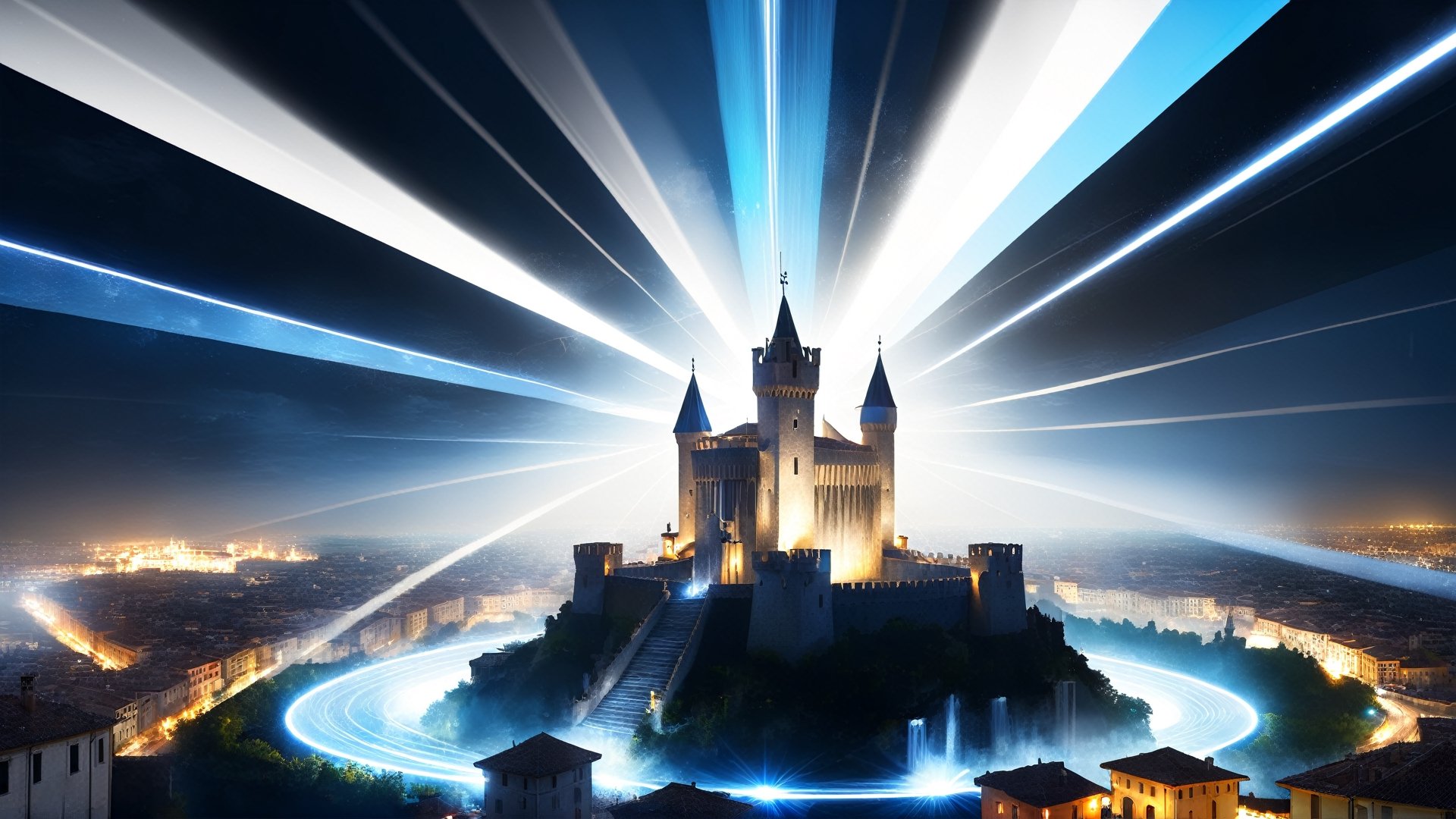 4k, masterpiece, Italian castle city, (trendwhore style:1.4), abstract art, abstract light rays, abstract  ((bursting light rays),   blue theme. sharp details. BREAK highest quality, detailed and intricate, original artwork, trendy, vector art, award-winning, artint, SFW, ,night city,DonMW15pXL,itacstl