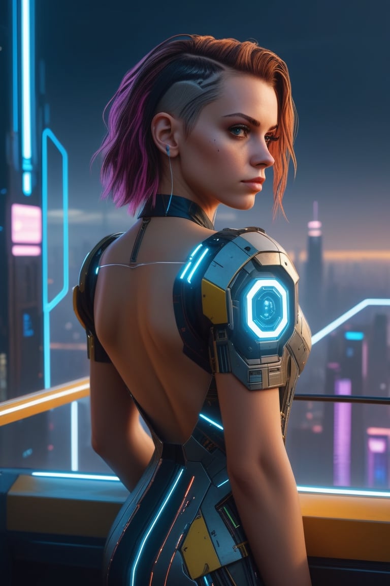 A photo of a beautiful cute young woman medium hair, with a decorated dress, safe for work (SFW), gorgeous face, Realistic Proportions, Concept art by James Gurney and Laurie Greasley, Moody Industrial skyline, ArtstationHQ, Creative character design for cyberpunk 2077