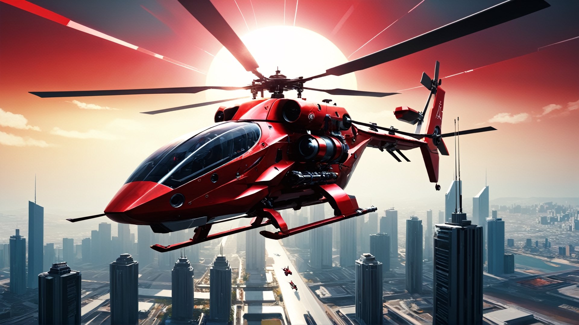 4k, masterpiece, cyborg helicopter, (trendwhore style:1.4), abstract art, abstract sunlight, abstract  red theme. cityscape background, sharp details. BREAK highest quality, detailed and intricate, original artwork, trendy, vector art, award-winning, artint, SFW, ,night city,DonMW15pXL,