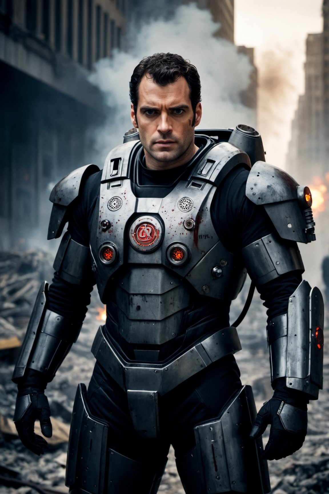 cinematic film still, darkly moody professional photograph, (man in intricately detailed heavy duty mech suit, pistons, armor plating, heavy weapons:1.4) , black hair, stubble, grim expression, (dirty face:1.4), (henry cavill|hugh jackman:1.3), (sweaty, dirty, filthy, dried blood:1.3), (explosions, ruined futuristic city, fighting everywhere, rubble, scorch marks, bullet holes:1.5), dynamic angle, professional, moody cinematic lighting, highly detailed, high budget, bokeh, cinemascope, moody, epic, gorgeous,