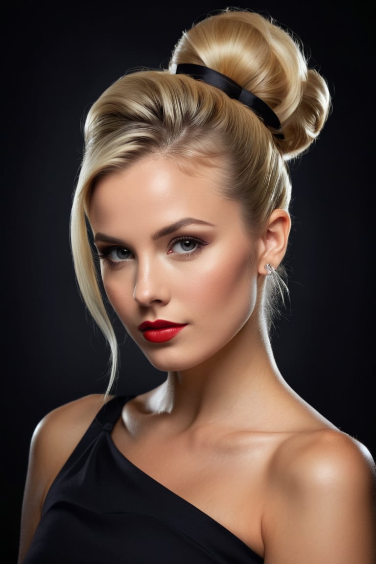 (((iconic but extremely beautiful 35 year old woman, blonde updo hair, head to thigh view))), (((Solid full colors))), (((Chiaroscuro darkness light background))), (((intricate details,masterpiece,best quality,hyperrealistic, photorealistic))), (((by dave carsonstyle)))