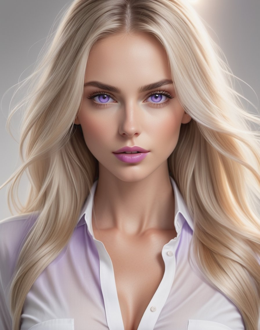 Photorealistic intricate 8k, centered, Masterpiece, slender, 30 years old, lavender eyes, a beautiful woman, wearing white shirt, white pants, facing viewer, huge breast, long straight blonde hair, light lavender lipstick, no background