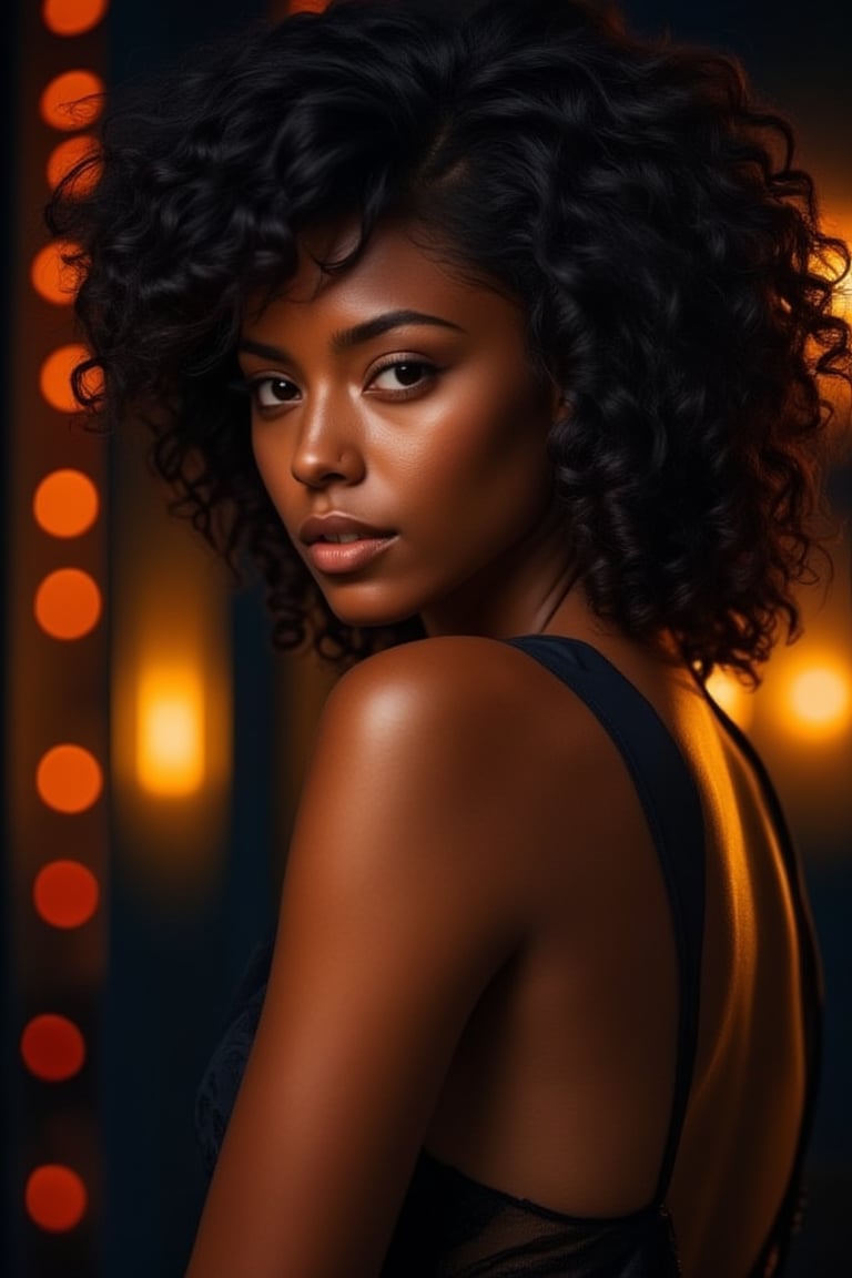 hyper-realistic closeup model portrait, black woman,backless dress,studio portrait,dramatic,cinematic light,hdr,exquisite face,natural skin,perfectly centered,bokeh,painterly,hyper photorealistic professional photoshoot, square chin, [Rose Gold,Deep Navy colors], ek_g1rl_02,beauy_ks01,ek_ph0t0_b00ster,ek_art_b00ster