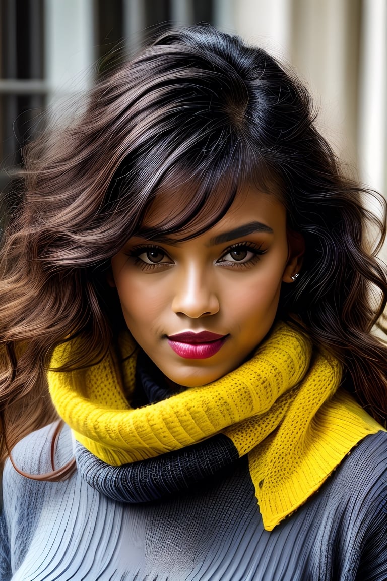 create a beautiful black woman, long brunette hair, lavender eyes, soft red lips, hourglass body, big natural breast, she is looking at camera with sultry smile, exciting, black beauty, age 25, model,photo of perfecteyes eyes,leonardo, wearing yellow scarf, bright blue turtleneck sweater, long hair, perfect body, beautful face, perfect hair 