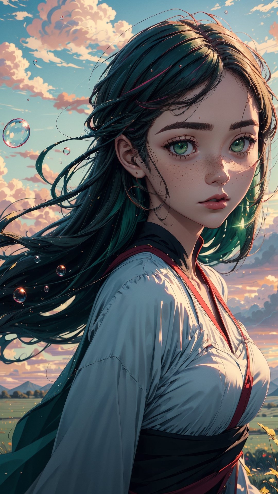 ((masterpiece)), (best quality), (cinematic), a woman in a long white dress, running through an open field, long hair, bangs, voloptuous, green eyes, freckles on her cheeks, wind, detailed face, detailed body, red and gray sky, glow, clouds, vegetation, green plains, floating bubbles, (cinematic, colorful), vast field, (extremely detailed), inspired by Studio Ghibli, EpicSky, cloud, sky, highly detailed, detailed face