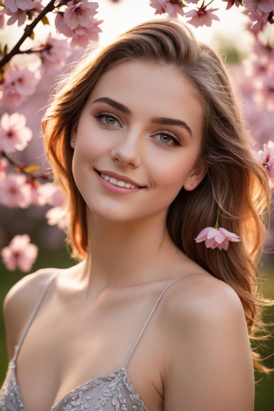 award winning photography of a stunningly beautiful naked 19-year-old girl, head tilt, tilting the head with a coy smile, conveying playfulness and charm, steel gray eyes, edgy makeup , copper slicked-back hair hair, affection, soft lighting, gentle, diffused light that wraps the characters in a warm and dreamy glow, in a blooming cherry blossom grove, with delicate pink petals floating in the breeze, remarkable color, ultra realistic, shot with cinematic camera 