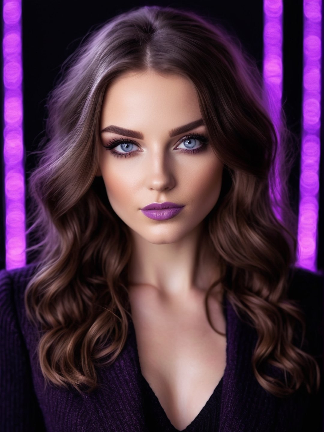 Create a realistic photo of beautiful woman facing the viewer. long brunette wavy hair, lavender eyes, long lashes , light lavender lips, light make up,. wearing dark lavender blazer, black knit sweater. blurred lights. ((((closed mouth)))), 