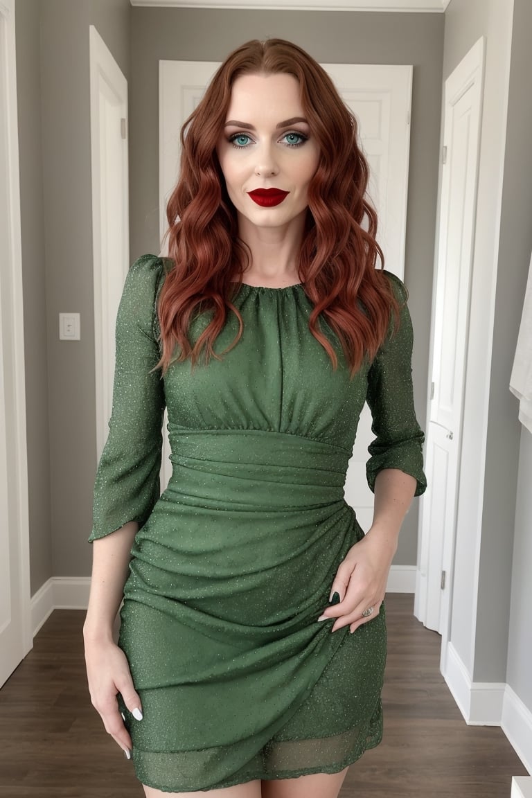 woman, standing, green dress, red hair, red lipstick, light makeup, beautiful hair, long hair, looking at viewer, 30 years old