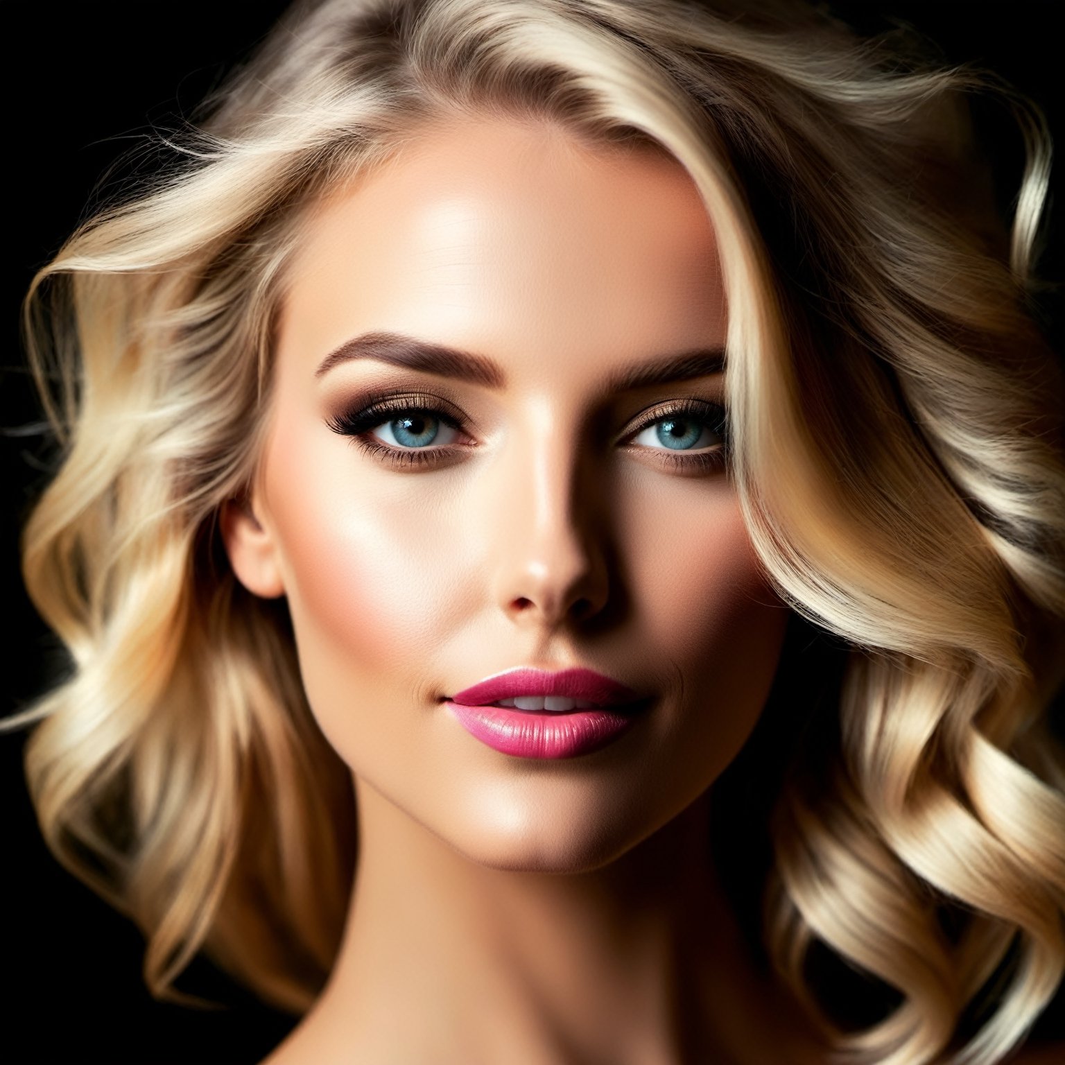 Light Projection,a portrait of a woman painted, stunning beauty,soft light, dark colors,line art,simple background,modernism, Looking at viewer, beautiful eyes, beautiful face, happy mood, glowing lips, light smile, makeup, beautiful makeup, glowing lips,  beautiful hair, blonde hair,