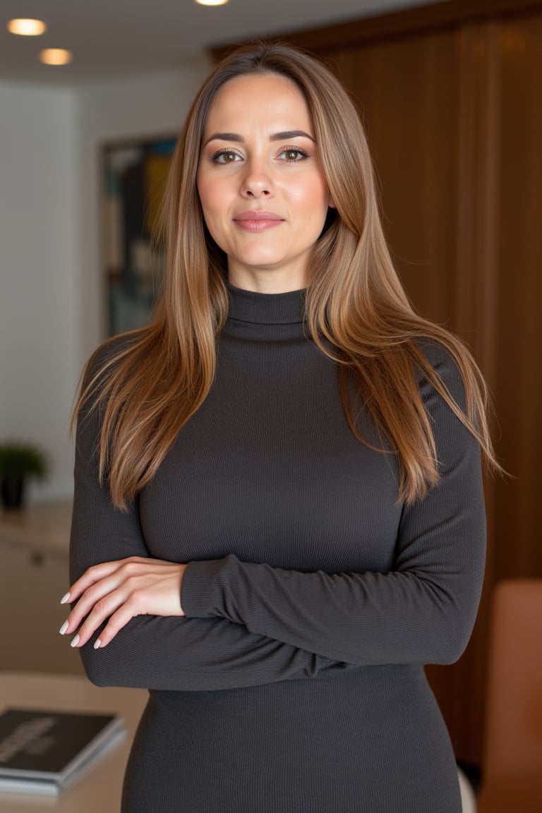  A 40 year old woman stands confidently against a luxury home backdrop, her gaze directed straight at the camera, exuding an air of confidence and allure, She wears a tight sweater, her features softly highlighted by even lighting, Off-center placement draws the viewer's eye towards her, long hair