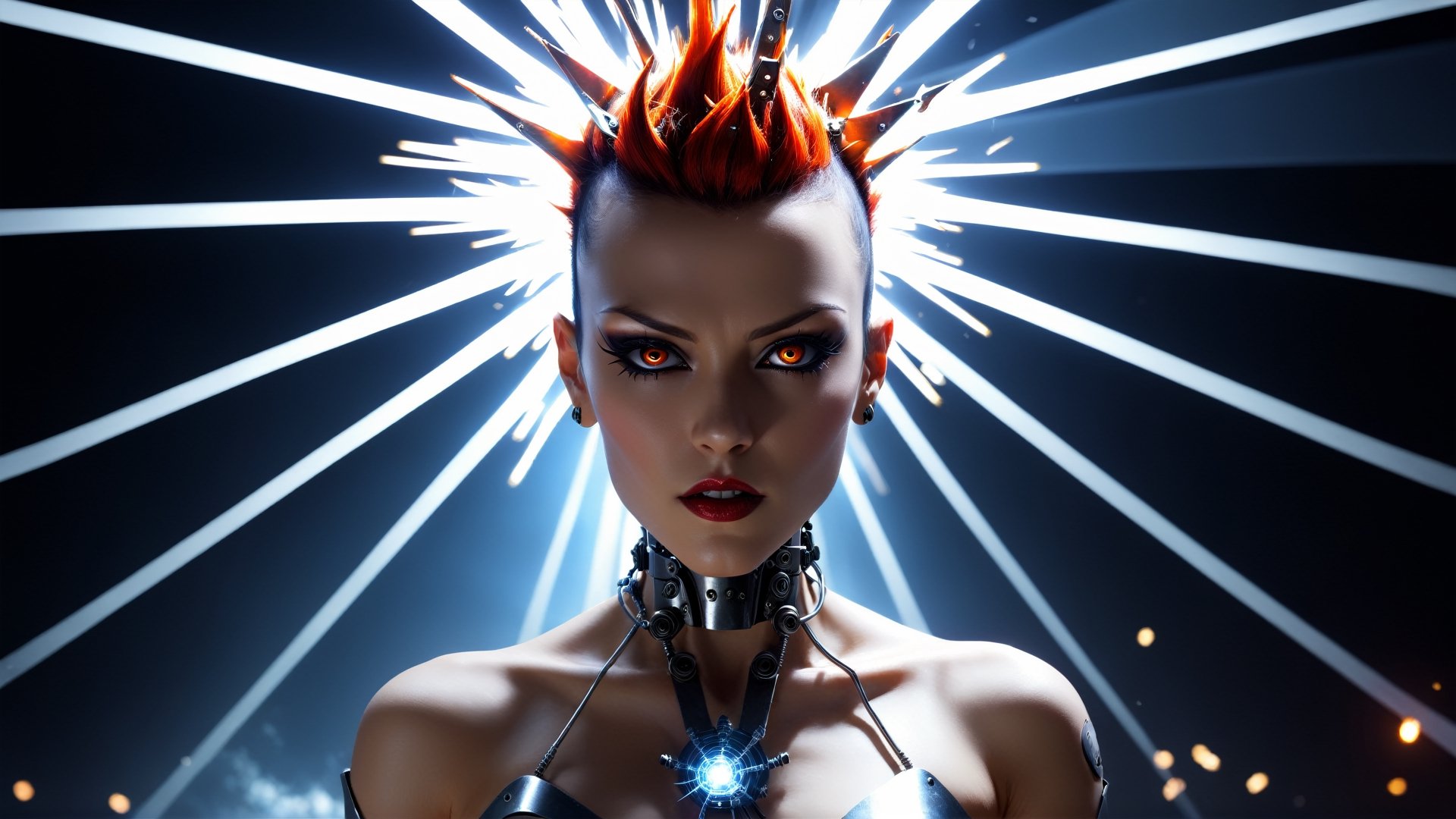 4k, masterpiece, space rays, exploding stars, bursting head, exploding head,  stainless steel exploding female gothic cyborg, metal skin, trendy gothic cyborg with mohawk, (trendwhore style:1.4), ((head of a gothic cyborg woman)), head and body, stainless steel head, mecha pieces, robot parts, shattered reality, ((bursting light rays), glowing light rays, exploding sparks, (2004 aesthetics:1.2),(beautiful vector shapes:1.3),  orange ink theme. sharp details. BREAK highest quality, detailed and intricate, original artwork, trendy, vector art, award-winning, artint, SFW, ,night city,DonMW15pXL,