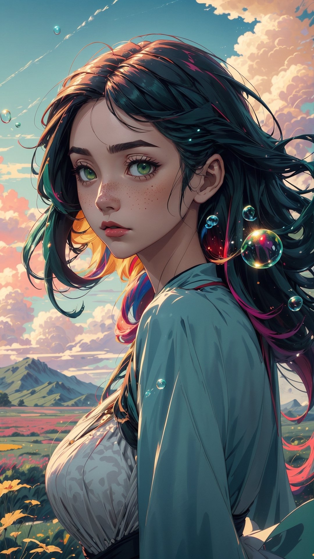 ((masterpiece)), (best quality), (cinematic), a woman in a long white dress, running through an open field, long hair, bangs, voloptuous, green eyes, freckles on her cheeks, wind, detailed face, detailed body, red and gray sky, glow, clouds, vegetation, green plains, floating bubbles, (cinematic, colorful), vast field, (extremely detailed), inspired by Studio Ghibli, EpicSky, cloud, sky, highly detailed, detailed face