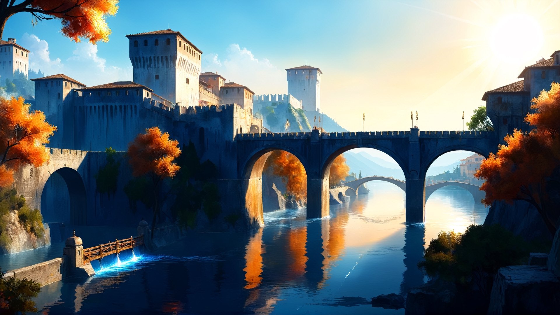 4k, masterpiece, Italian castle city, water, bridges, trees, (trendwhore style:1.4), abstract art, abstract sunlight, abstract   orange and blue theme. sharp details. BREAK highest quality, detailed and intricate, original artwork, trendy, vector art, award-winning, artint, SFW, ,night city,DonMW15pXL,itacstl