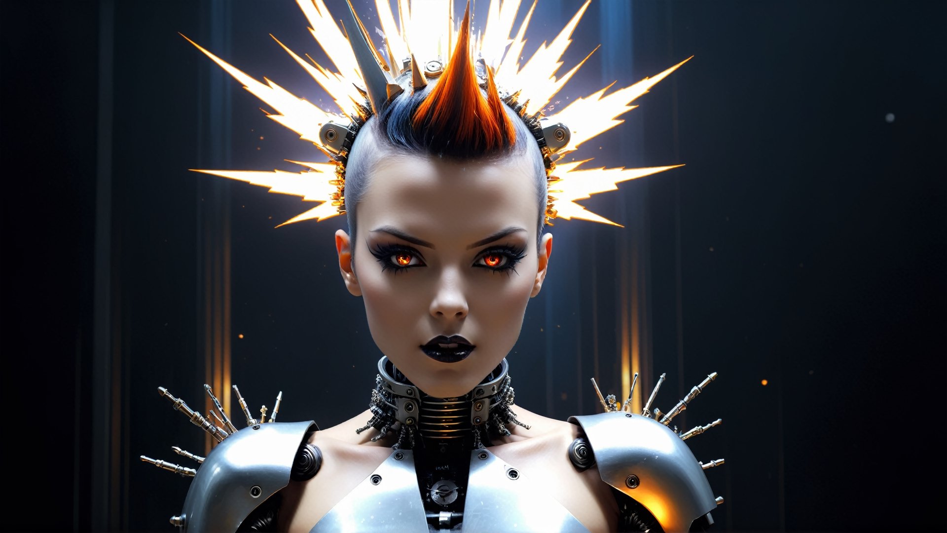 4k, masterpiece, space rays, exploding stars, bursting head, exploding head,  stainless steel exploding female gothic cyborg, metal skin, trendy gothic cyborg with mohawk, (trendwhore style:1.4), ((head of a gothic cyborg woman)), head and body, stainless steel head, mecha pieces, robot parts, shattered reality, ((bursting light rays), glowing light rays, exploding sparks, (2004 aesthetics:1.2),(beautiful vector shapes:1.3),  orange ink theme. sharp details. BREAK highest quality, detailed and intricate, original artwork, trendy, vector art, award-winning, artint, SFW, ,night city,DonMW15pXL,