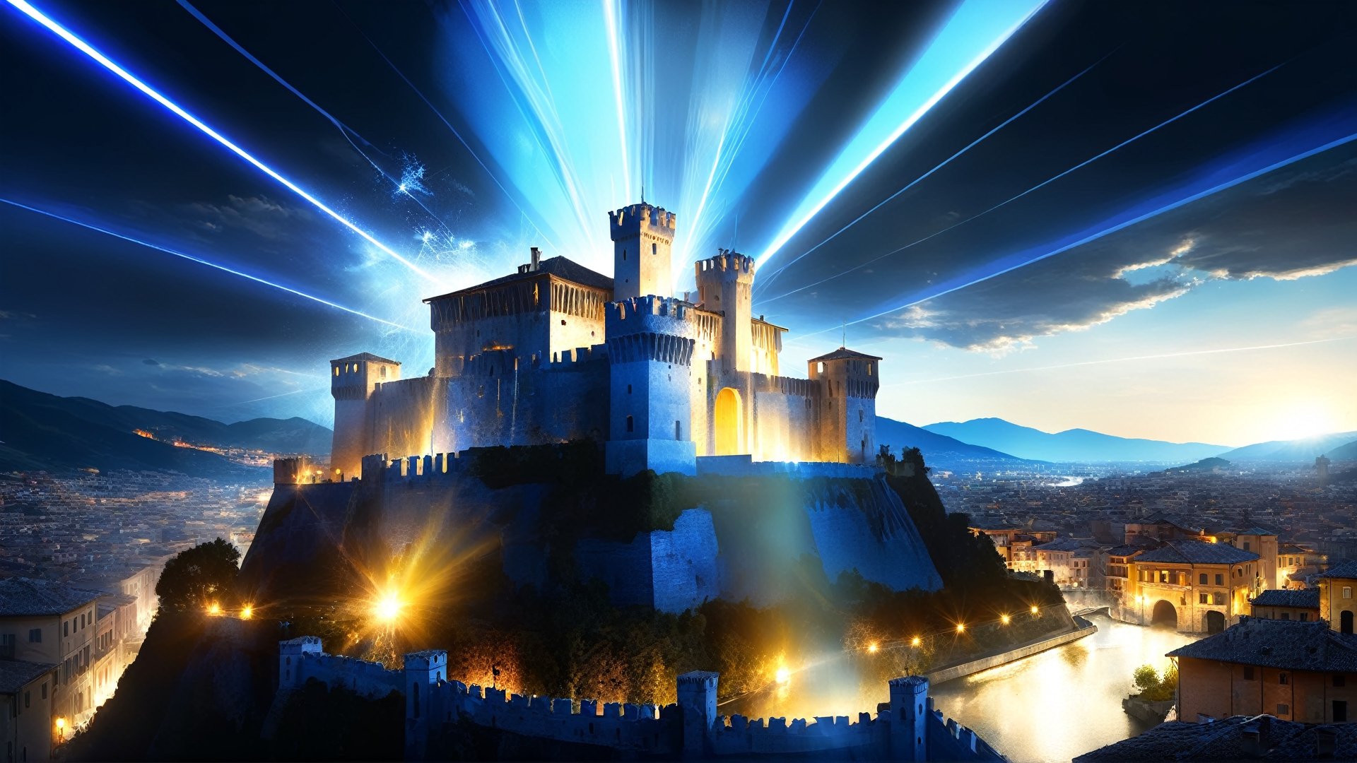 4k, masterpiece, Italian castle city, (trendwhore style:1.4), abstract art, abstract light rays, abstract  ((bursting light rays),   blue theme. sharp details. BREAK highest quality, detailed and intricate, original artwork, trendy, vector art, award-winning, artint, SFW, ,night city,DonMW15pXL,itacstl