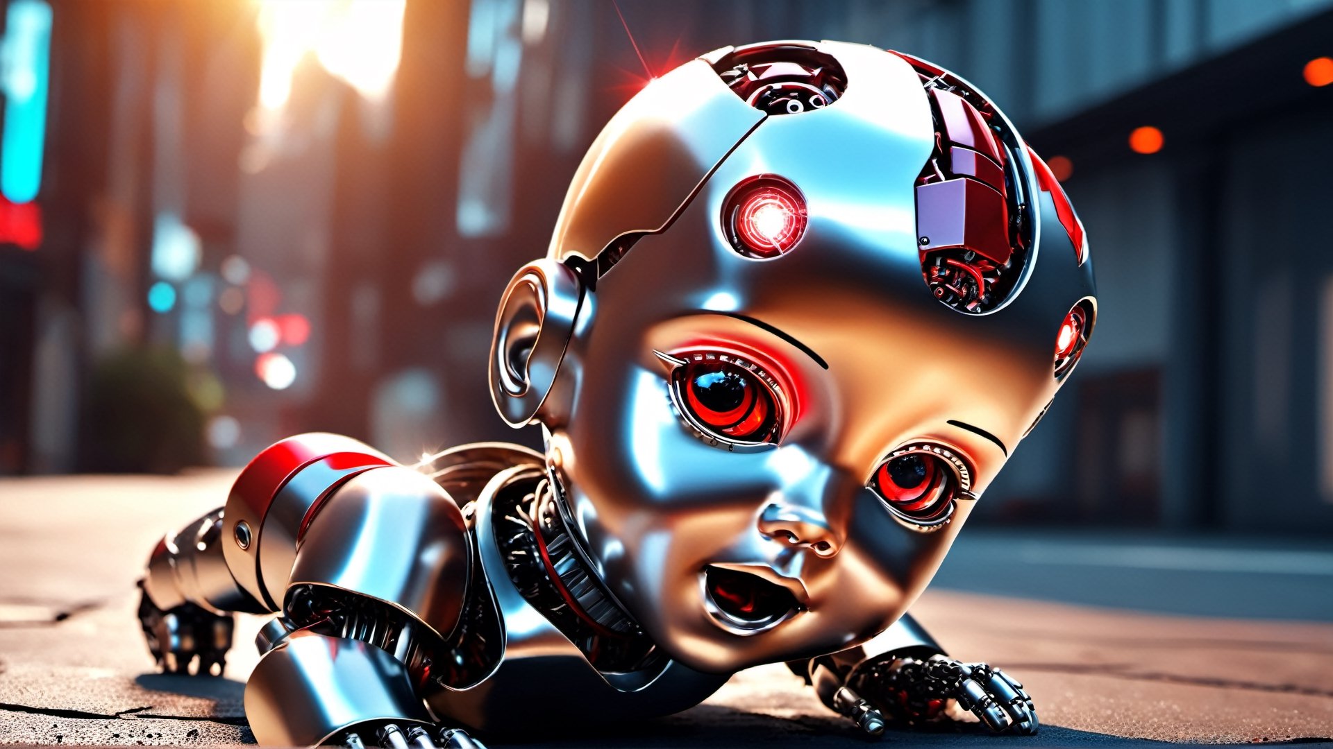 4k, masterpiece, (trendwhore style:1.4), ((head of a abstract cyborg baby)), head and body, stainless steel head, mecha pieces, robot parts, shattered reality, ((bursting light rays),   red theme. sharp details. BREAK highest quality, detailed and intricate, original artwork, trendy, vector art, award-winning, artint, SFW, ,night city,DonMW15pXL