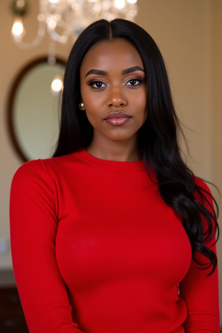  A young black woman with pointed nose stands confidently against a luxury home backdrop, her gaze directed straight at the camera, exuding an air of confidence and allure, She wears a red sweater, her features softly highlighted by even lighting, Off-center placement draws the viewer's eye towards her, long hair