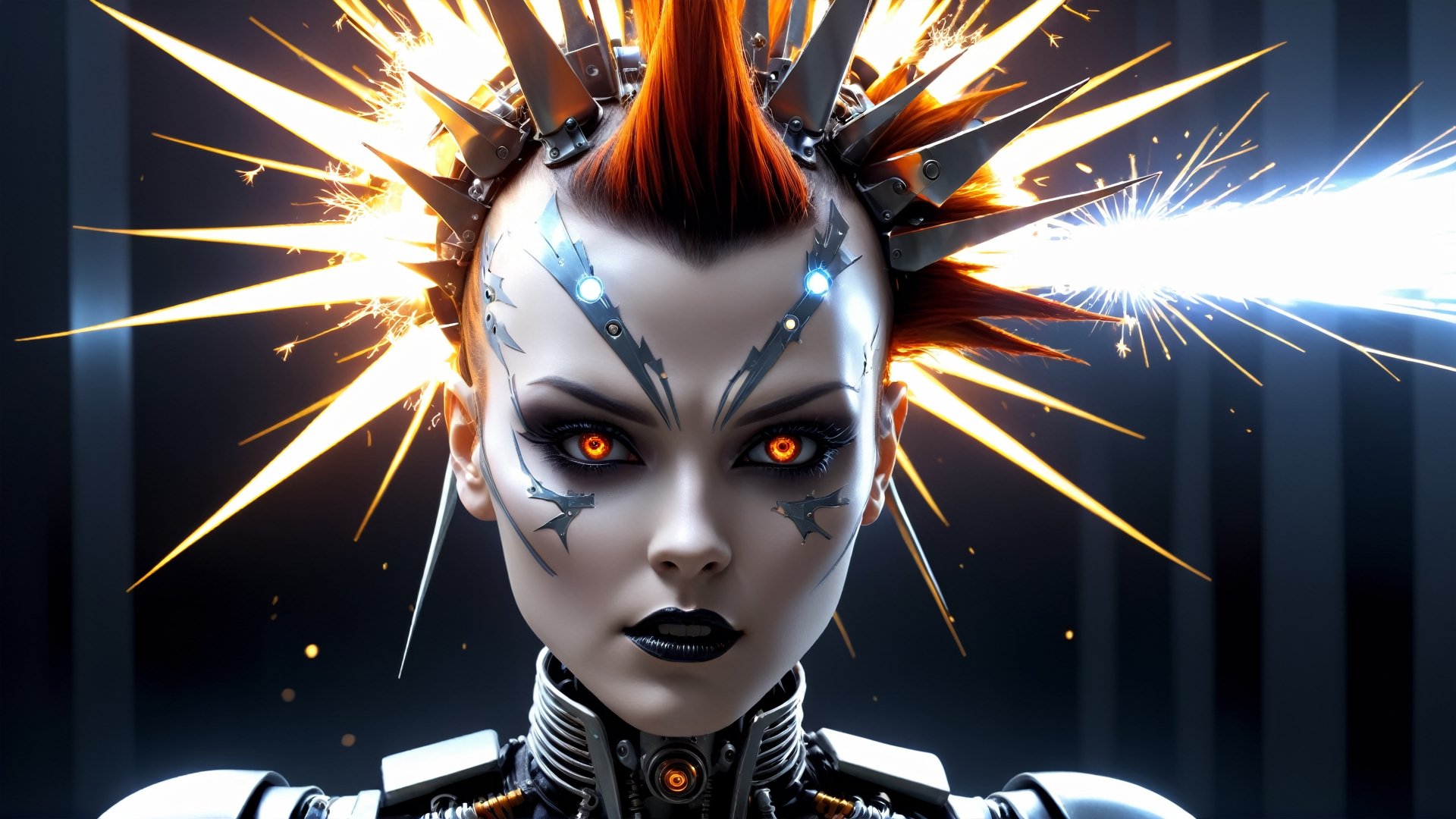 4k, masterpiece, space rays, exploding stars, bursting head, exploding head,  stainless steel exploding female gothic cyborg, metal skin, trendy gothic cyborg with mohawk, (trendwhore style:1.4), ((head of a gothic cyborg woman)), head and body, stainless steel head, mecha pieces, robot parts, shattered reality, ((bursting light rays), glowing light rays, exploding sparks, (2004 aesthetics:1.2),(beautiful vector shapes:1.3),  orange ink theme. sharp details. BREAK highest quality, detailed and intricate, original artwork, trendy, vector art, award-winning, artint, SFW, ,night city,DonMW15pXL,