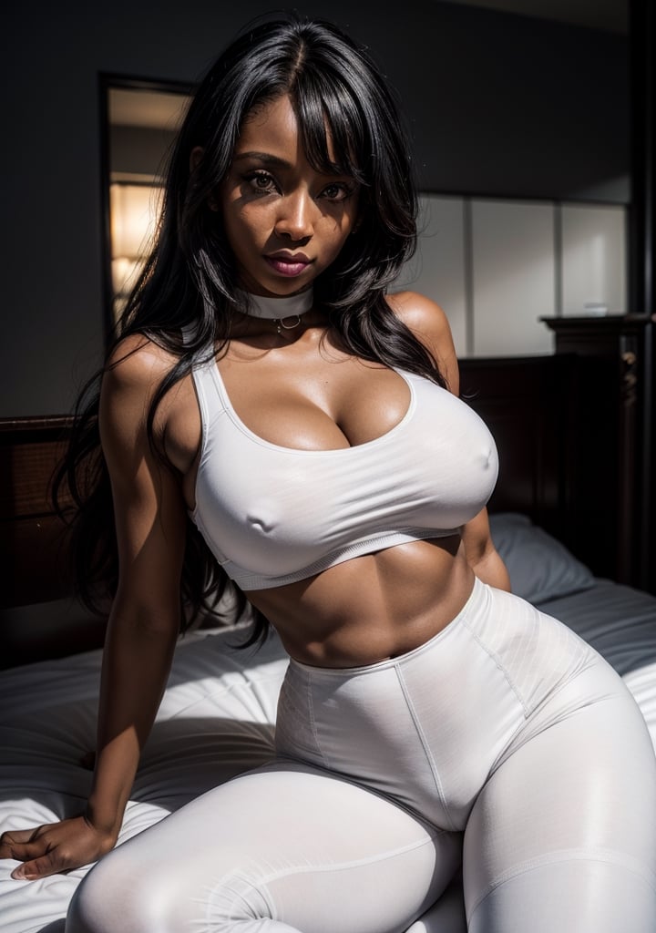 (((solo))), (((1girl))), black woman, ((((30 years old)))), tight white leggings, bra, big pussy, soft smile, long black hair