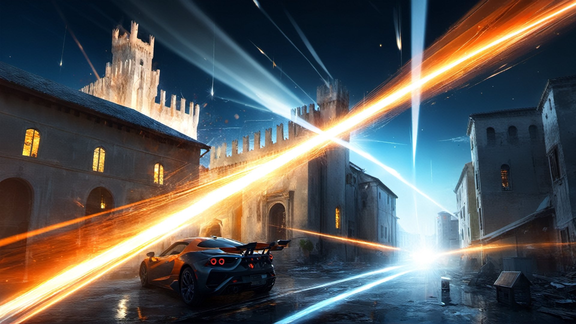 4k, masterpiece, Italian castle city, (trendwhore style:1.4), ((bursting abstract lightwaves)), abstract art explosion, abstract light rays, abstract mecha pieces, robot parts, shattered reality, ((bursting light rays),   orange theme. sharp details. BREAK highest quality, detailed and intricate, original artwork, trendy, vector art, award-winning, artint, SFW, ,night city,DonMW15pXL,itacstl