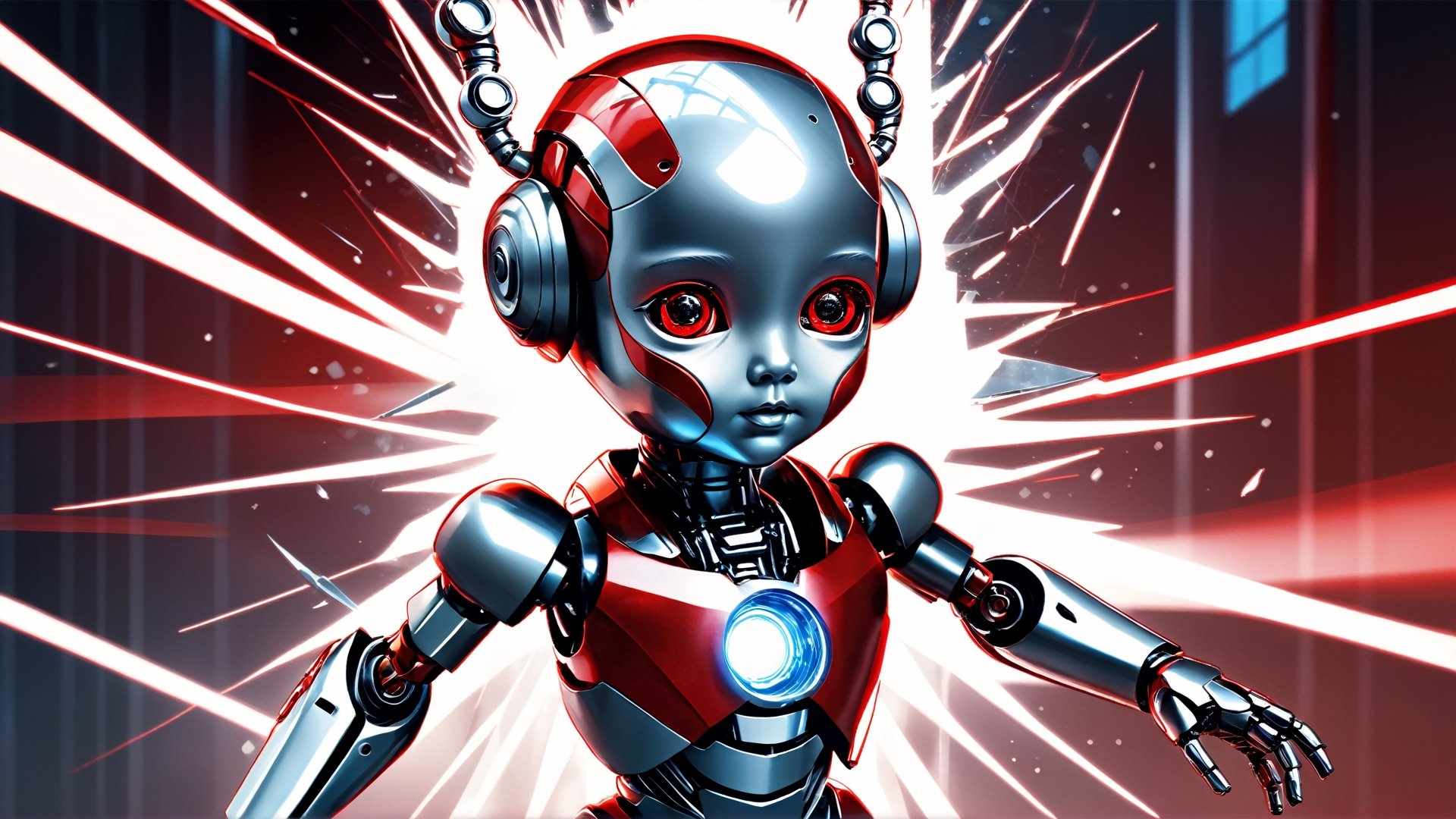 4k, masterpiece, (trendwhore style:1.4), ((head of a abstract cyborg baby)), head and body, stainless steel head, mecha pieces, robot parts, shattered reality, ((bursting light rays),   red theme. sharp details. BREAK highest quality, detailed and intricate, original artwork, trendy, vector art, award-winning, artint, SFW, ,night city,DonMW15pXL