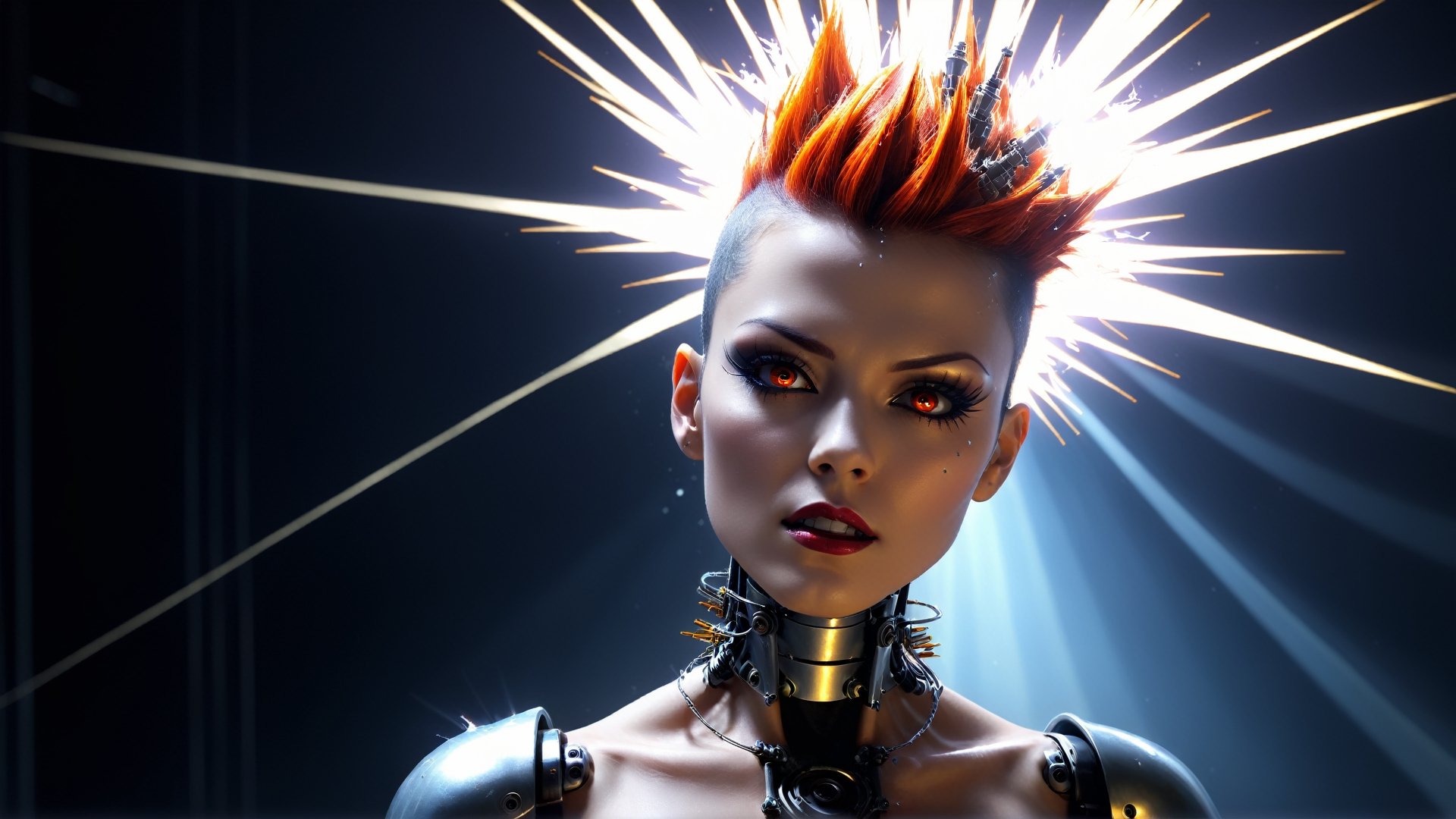 4k, masterpiece, space rays, exploding stars, bursting head, exploding head,  stainless steel exploding female gothic cyborg, metal skin, trendy gothic cyborg with mohawk, (trendwhore style:1.4), ((head of a gothic cyborg woman)), head and body, stainless steel head, mecha pieces, robot parts, shattered reality, ((bursting light rays), glowing light rays, exploding sparks, (2004 aesthetics:1.2),(beautiful vector shapes:1.3),  orange ink theme. sharp details. BREAK highest quality, detailed and intricate, original artwork, trendy, vector art, award-winning, artint, SFW, ,night city,DonMW15pXL,