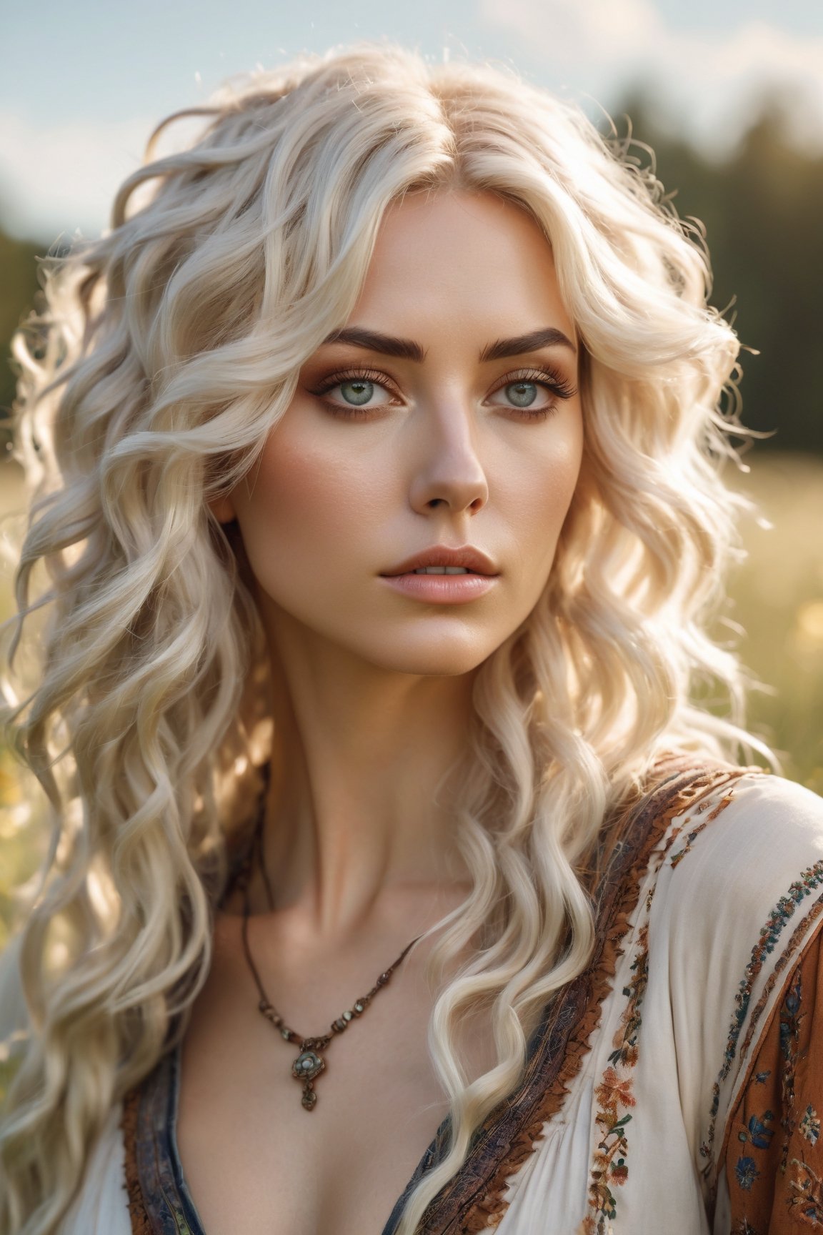 Generate hyper realistic image of a stunning woman with platinum blonde hair cascading down her shoulders, styled in loose curls, donning a bohemian-inspired outfit. The sharp focus captures the hazel tones in her eyes as she poses against a sunlit meadow. highly detailed, sharp focus.8k,photography style,upper body shot