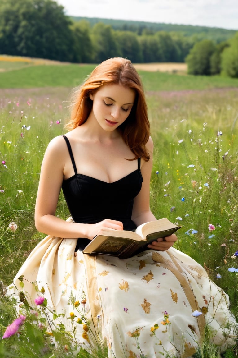 beautiful woman, 23 years old, medium breast, 16th century, reading a book in a field of wildflowers