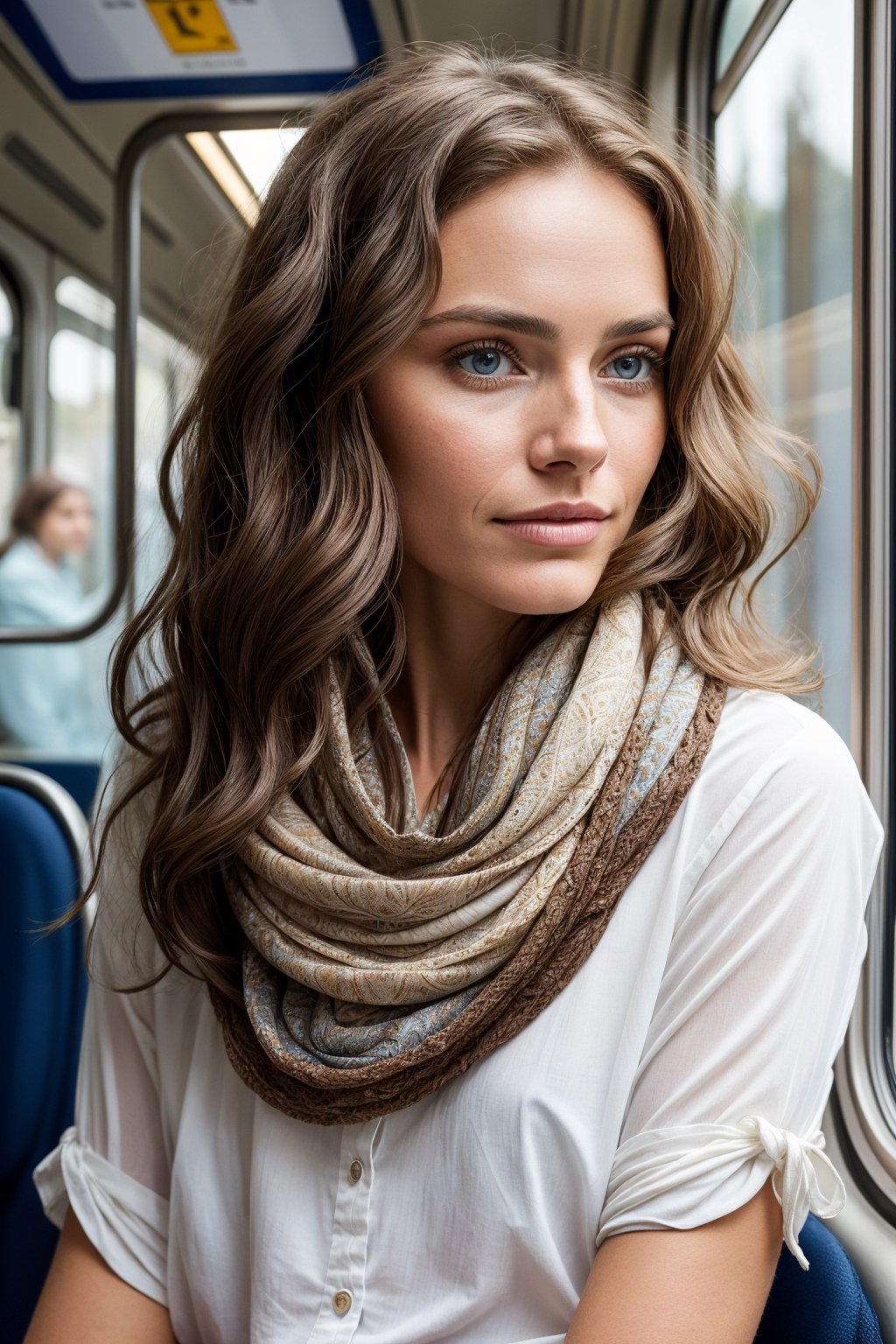  portrait of a lovely woman with brown wavy hair and stunning blue eyes, riding on the train, wearing a comfortable cotton shawl wrapped around her neck that is colored white with brown leaf patterns, she is shy and nerdy but has the facial structure of a supermodel, masterpiece, 8k, hyper detailed, 