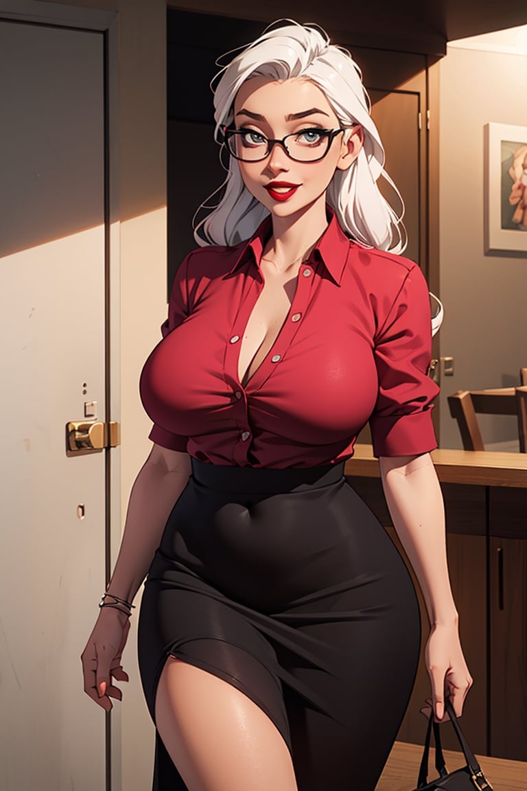 1 mature woman, 40 years old, smile, long-hair,  white-hair, (make-up), , (dark-red lipstick), (black-glasses), (unbuttoned blouse no sleeves), , best lighting, beautiful breast, black see through fishnets , long pencil dress, SAM YANG,  light colored eyes


standing, with hourglass figure, big and voluptuous breasts, sensual and erotic
,sagging breasts