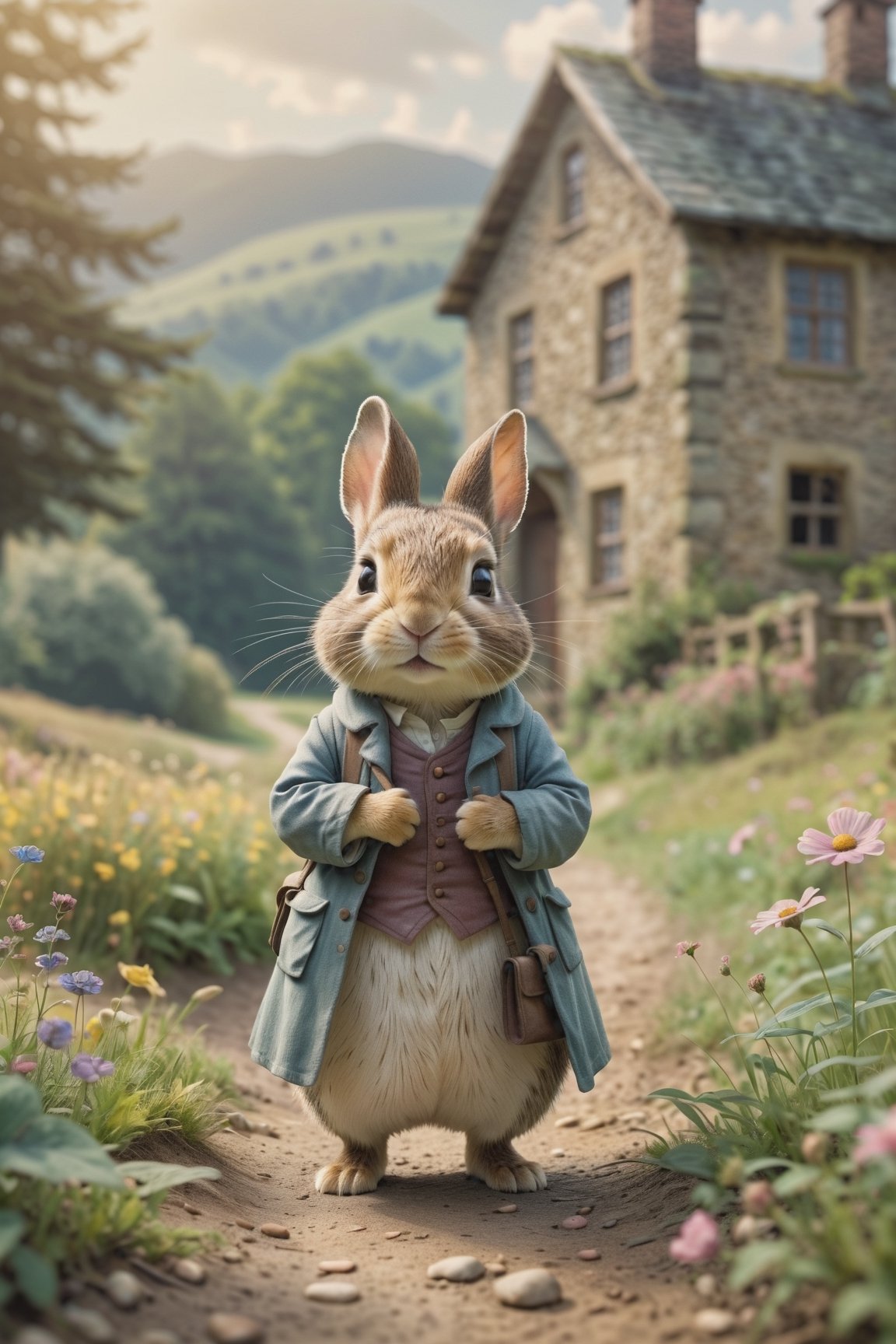 cinematic still Beatrix Potter style watercolor. Chibi style, they are in a rural school, a landscape of pastel colors, emotional, harmonious, vignette, highly detailed, high budget, bokeh, cinemascope, moody, epic, gorgeous, film grain, grainy, detailmaster2, Leonardo Style